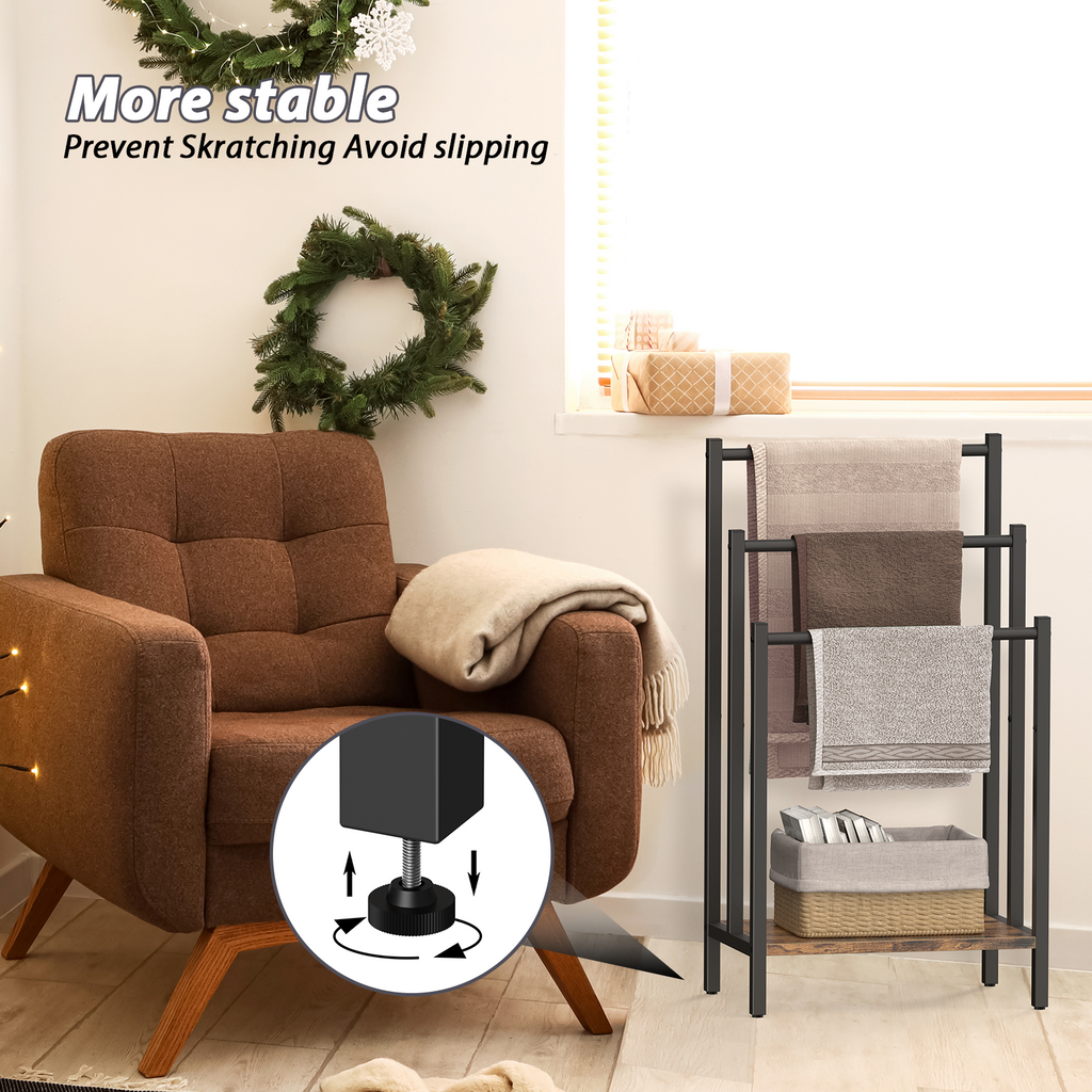Freestanding Towel Rack (3 Tier) - Metal Blanket Holder Stand for Bathroom Floor with Wooden Storage Shelf, Black