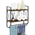 2-Tier Wall Mounted Bathroom Shelf - Rustic Wood Towel Rack with Hooks & Towel Bar Organizer,