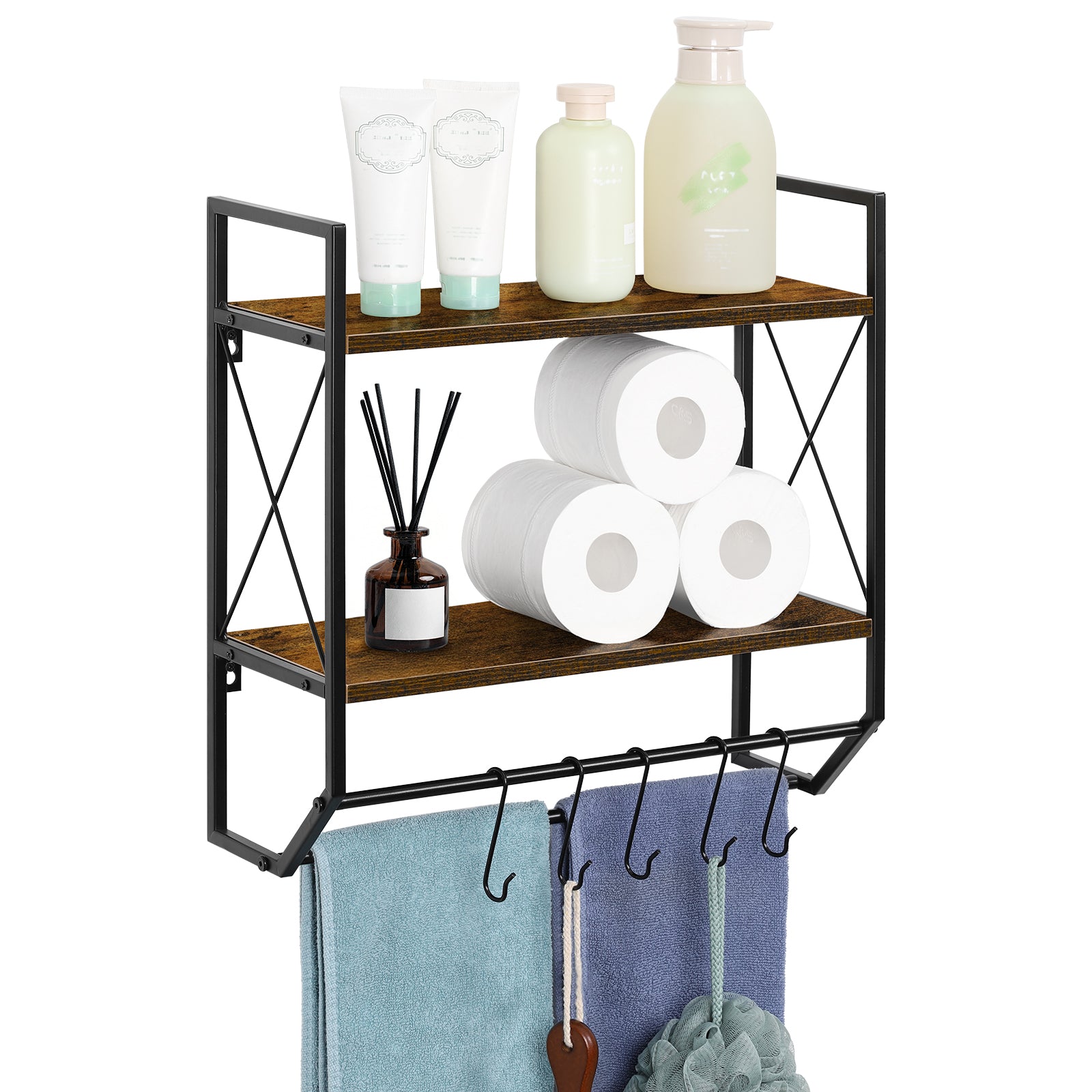 2-Tier Wall Mounted Bathroom Shelf - Rustic Wood Towel Rack with Hooks & Towel Bar Organizer,