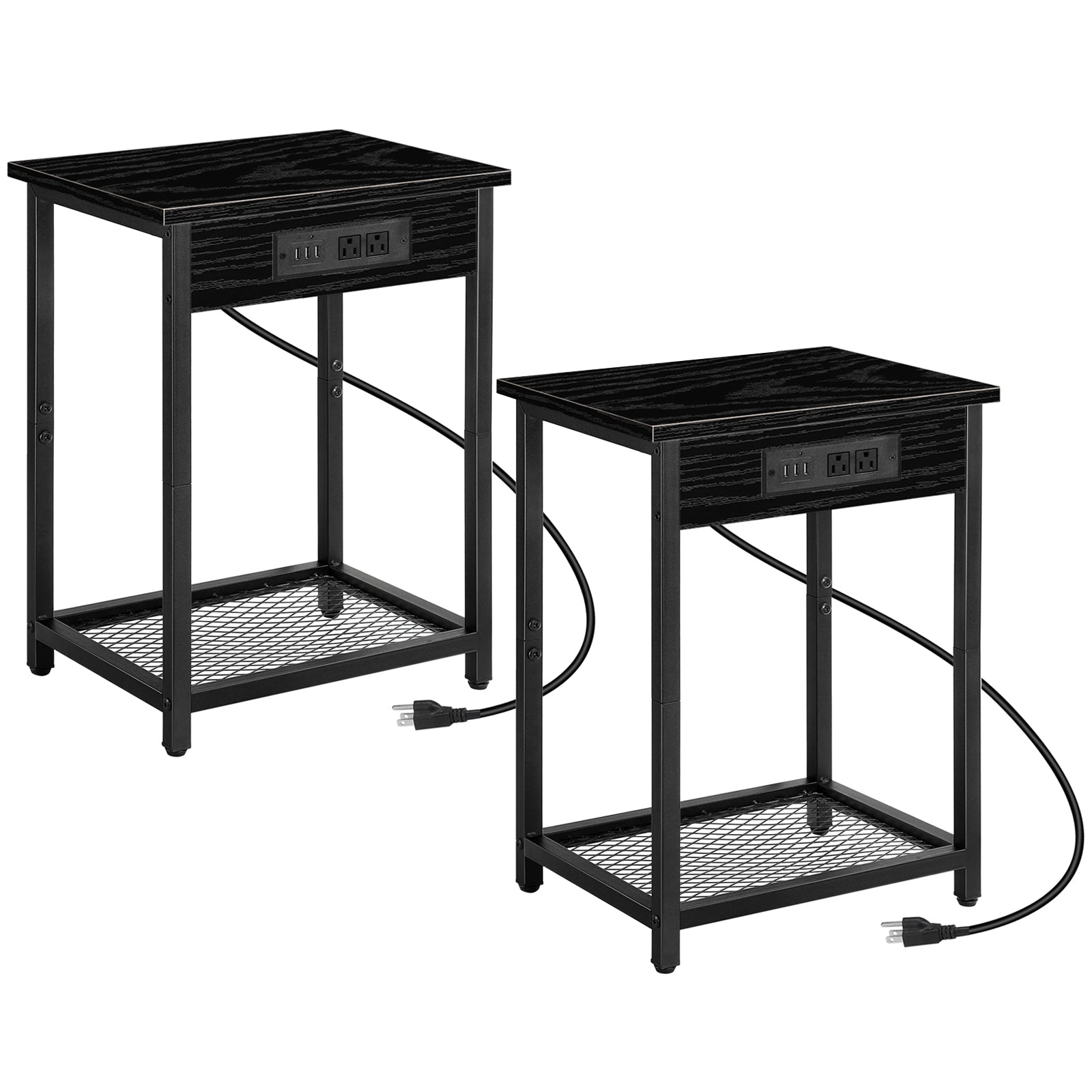 Set of 2 Nightstands with Charging Station - Side Tables with USB Ports & AC Outlets for Bedroom, Black,
