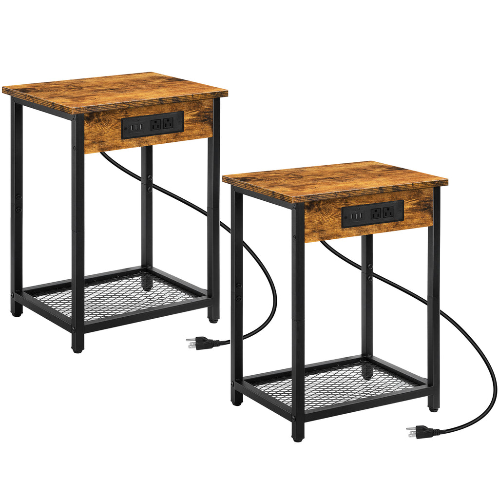 Set of 2 Nightstands with Charging Station - Side Tables with USB Ports & AC Outlets for Bedroom, Black,