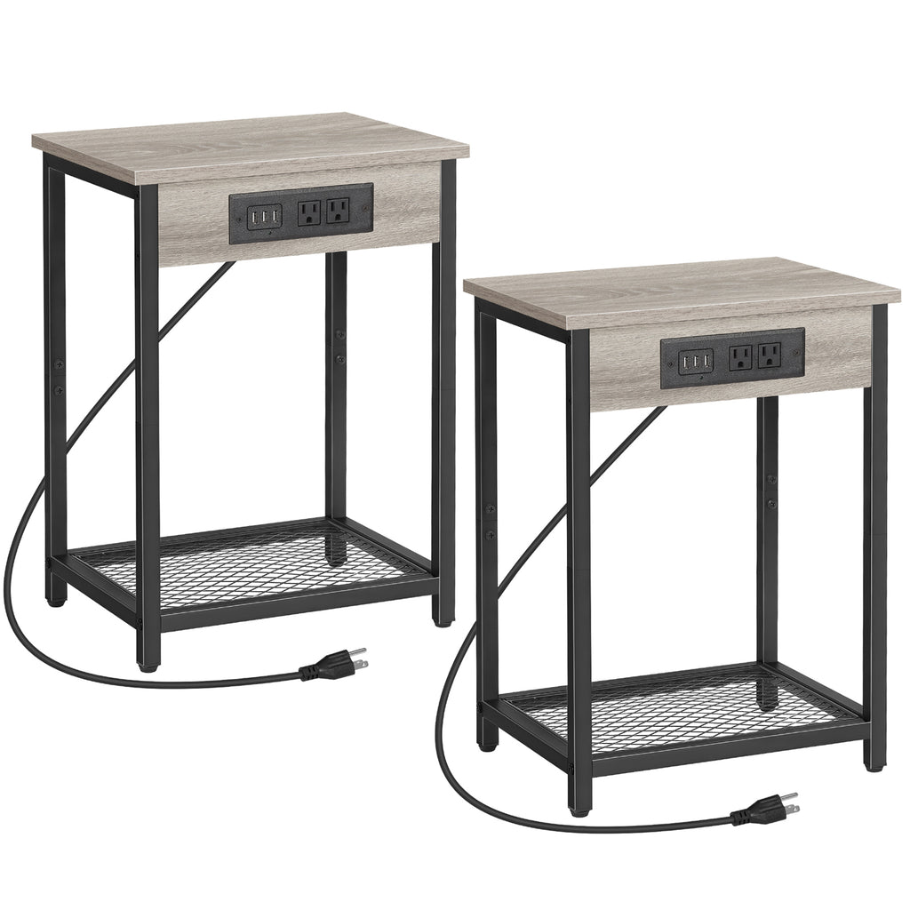 Set of 2 Nightstands with Charging Station - Side Tables with USB Ports & AC Outlets for Bedroom, Black,