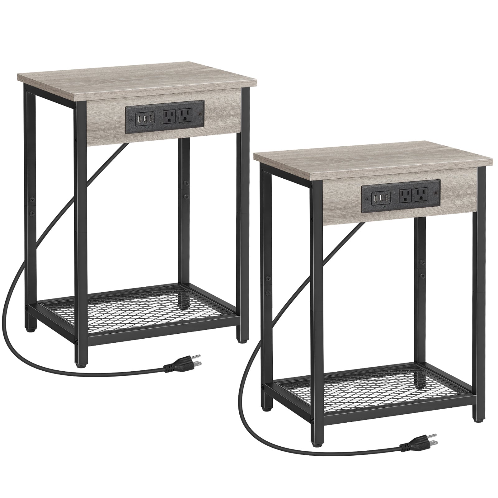 Set of 2 Nightstands with Charging Station - Side Tables with USB Ports & AC Outlets for Bedroom, Black,