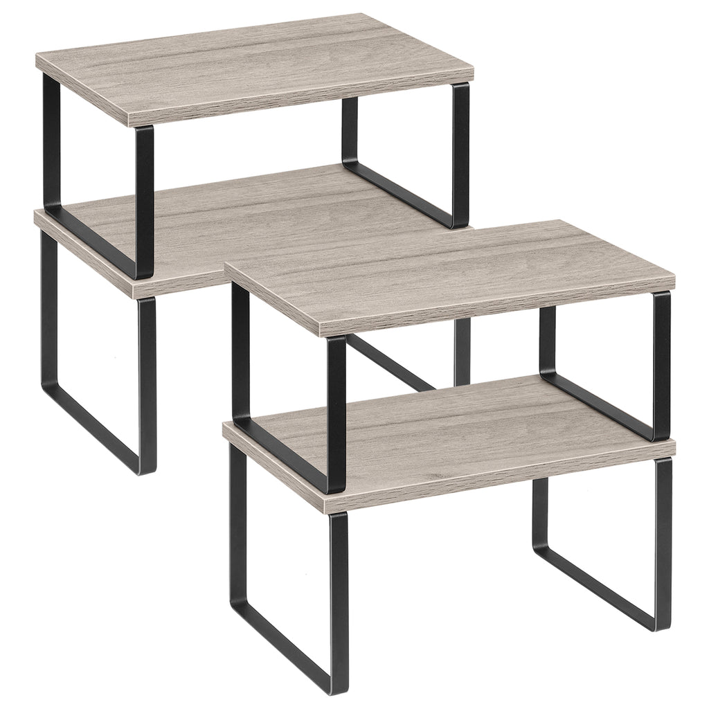 Stackable Kitchen Counter Shelves (Set of 2) -Expandable Grey Wood Organizers for Countertops & Cabinets