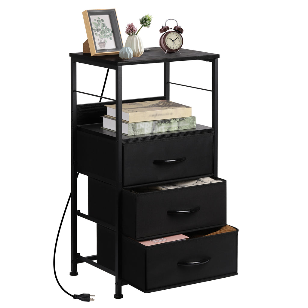 3-Drawer Tall Nightstand with Charging Station - Bedside Table with USB & Outlets for Bedroom, Black,