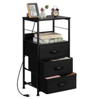 3-Drawer Tall Nightstand with Charging Station - Bedside Table with USB & Outlets for Bedroom, Black,
