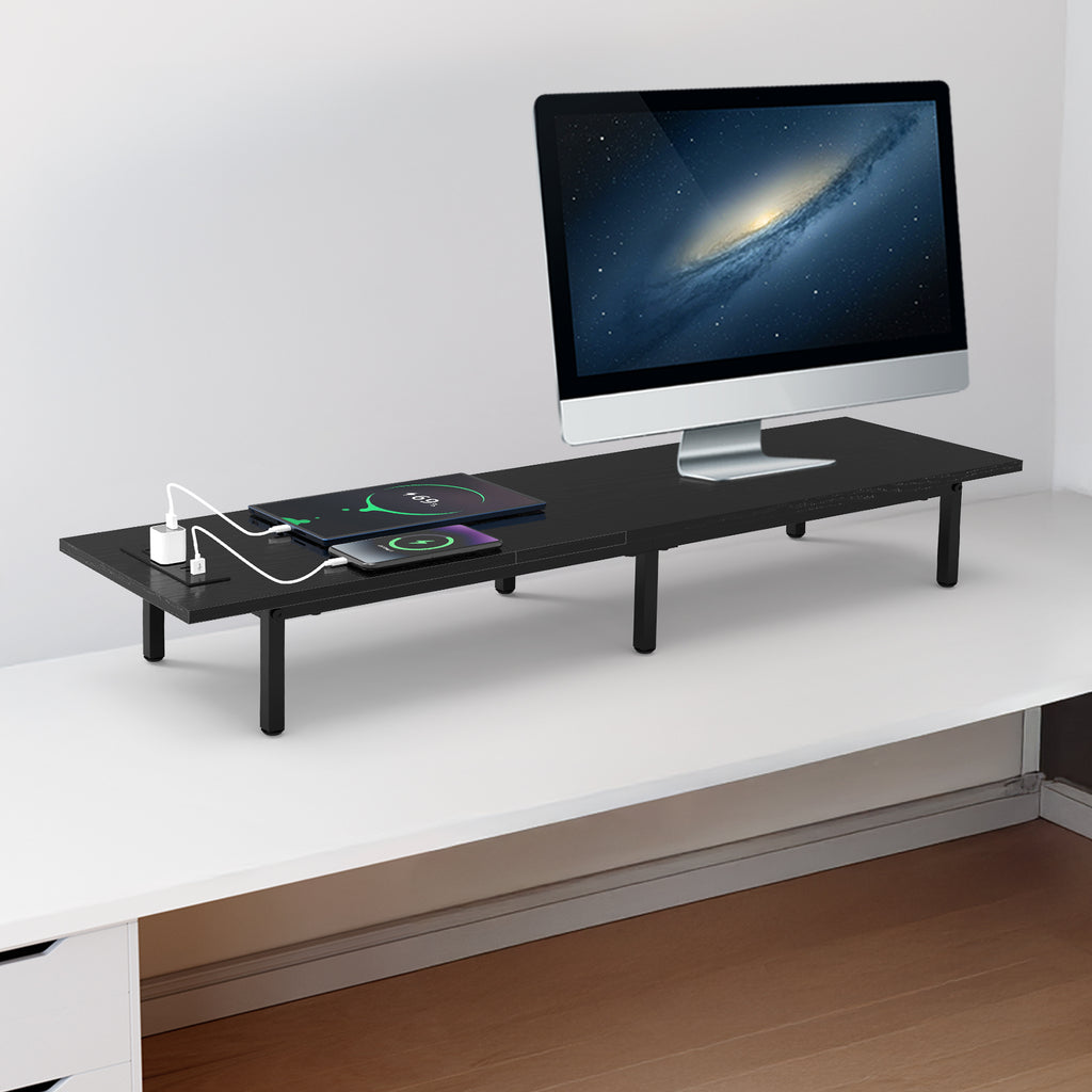 Dual Monitor Stand Riser with Power Outlets - Desk Organizer with 3 USB & 2 AC Ports for PC Laptop,