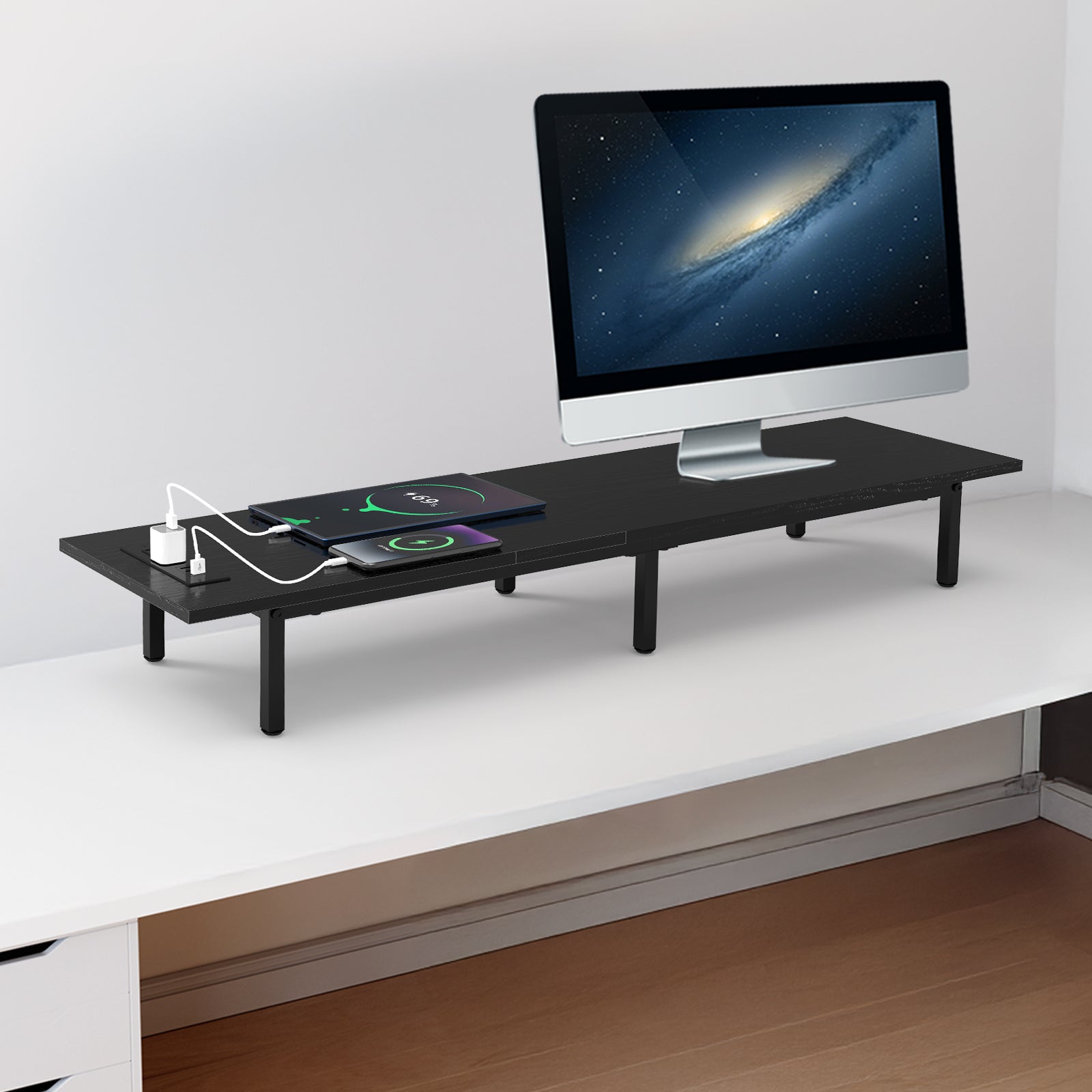Dual Monitor Stand Riser with Power Outlets - Desk Organizer with 3 USB & 2 AC Ports for PC Laptop,
