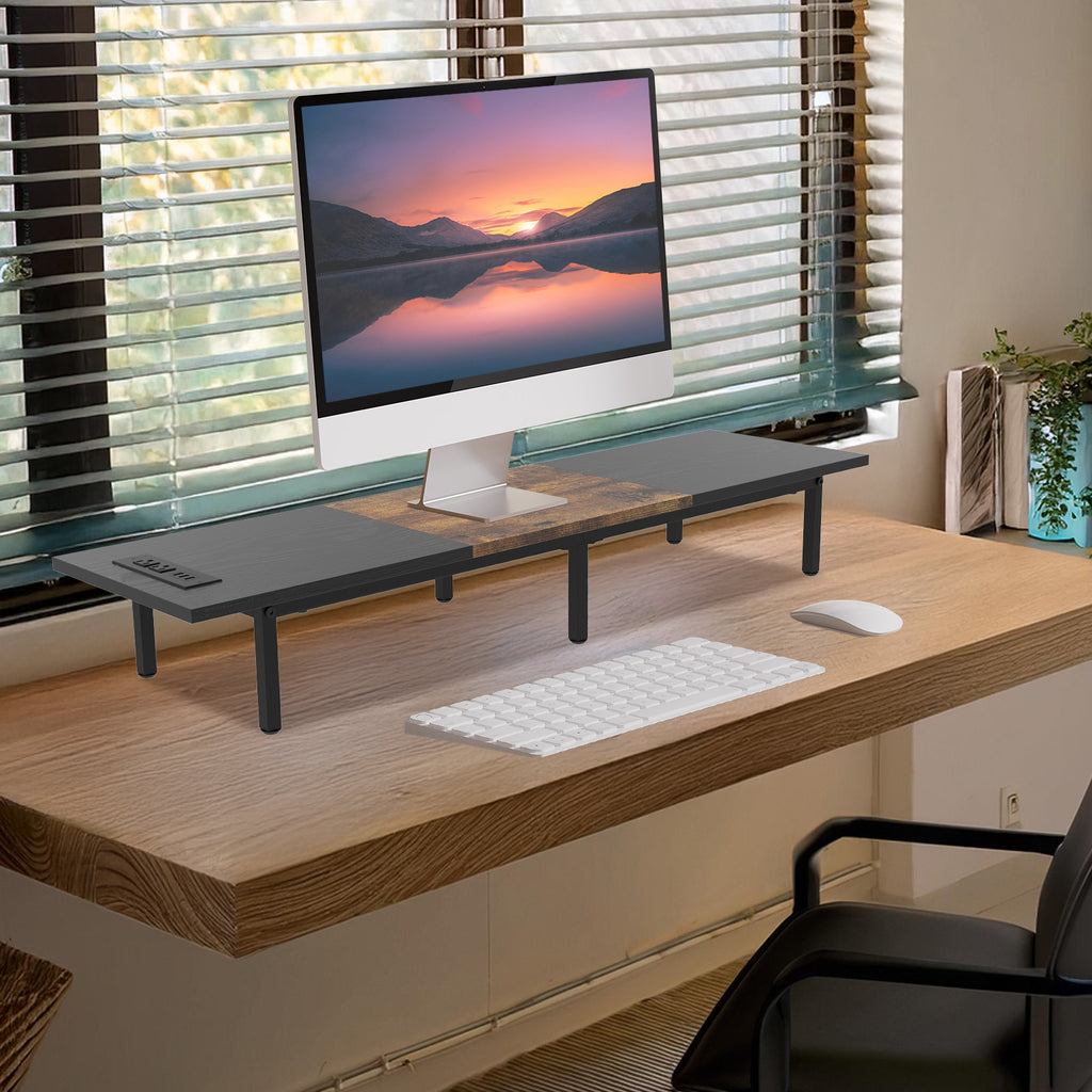 Dual Monitor Stand Riser with Power Outlets - Desk Organizer with 3 USB & 2 AC Ports for PC Laptop,