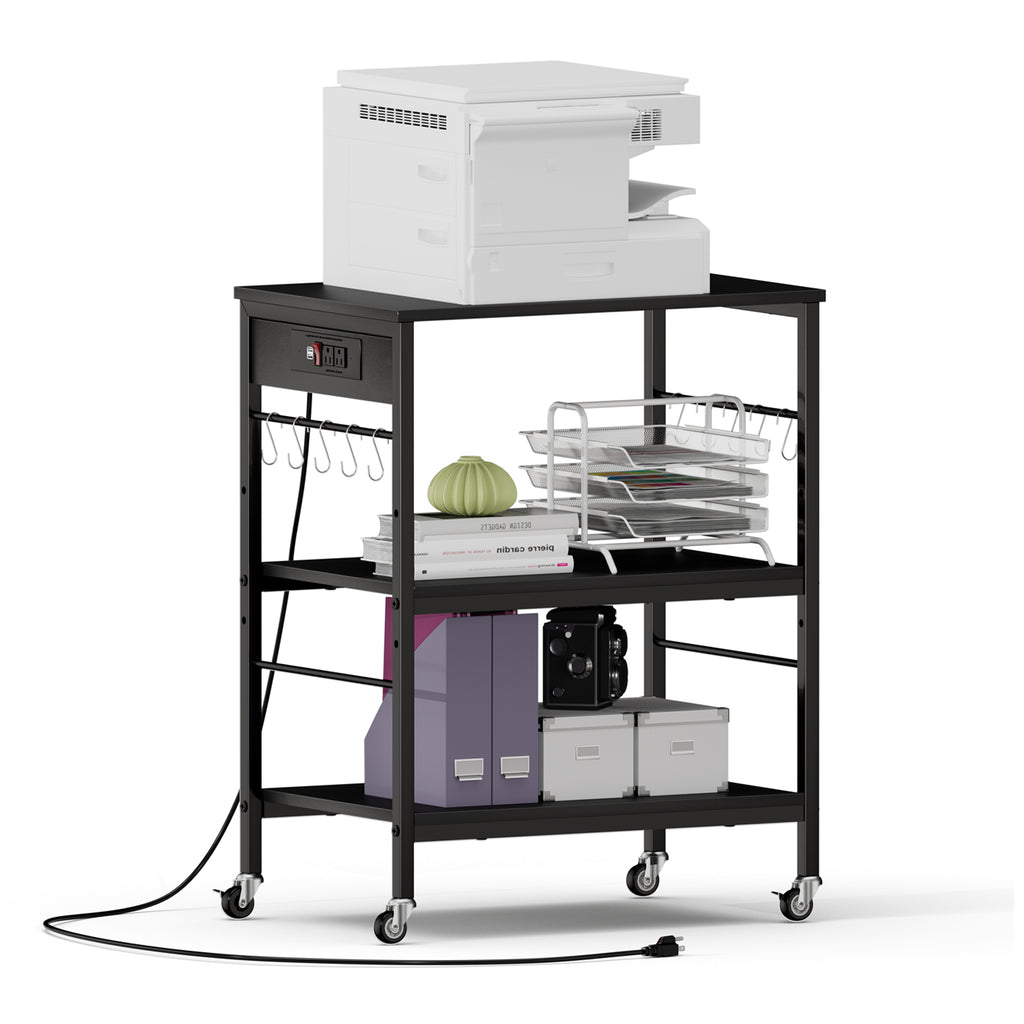 3-Tier Rolling Baker's Rack - Kitchen Microwave Stand with Power Outlets & 10 Hanging Hooks, Black,