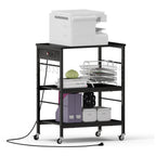 3-Tier Rolling Baker's Rack - Kitchen Microwave Stand with Power Outlets & 10 Hanging Hooks, Black,