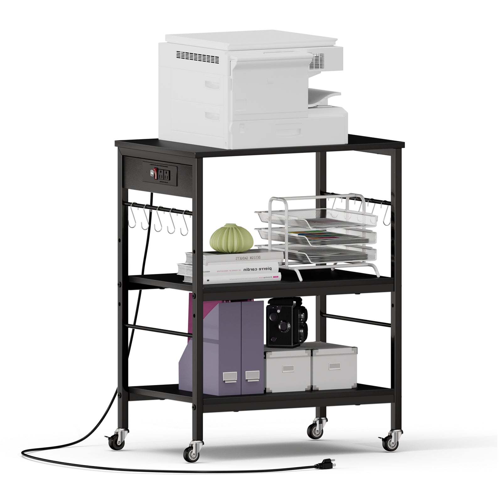 3-Tier Rolling Baker's Rack - Kitchen Microwave Stand with Power Outlets & 10 Hanging Hooks, Black,