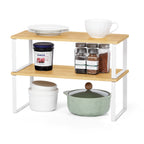 Cabinet Shelf Organizer Set of 2 - Stackable & Expandable Kitchen Counter Shelves, White/Natural