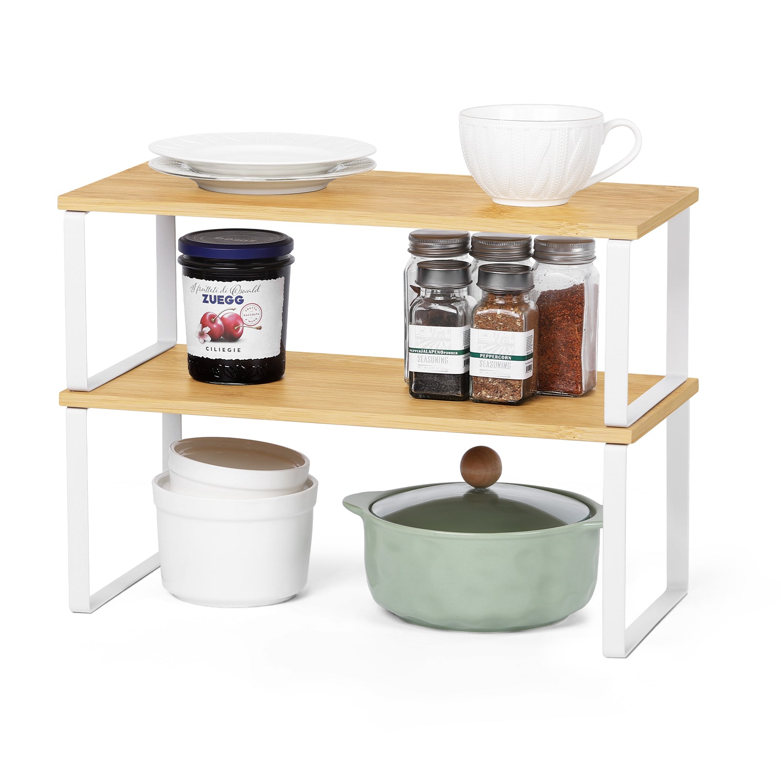 Cabinet Shelf Organizer Set of 2 - Stackable & Expandable Kitchen Counter Shelves, White/Natural