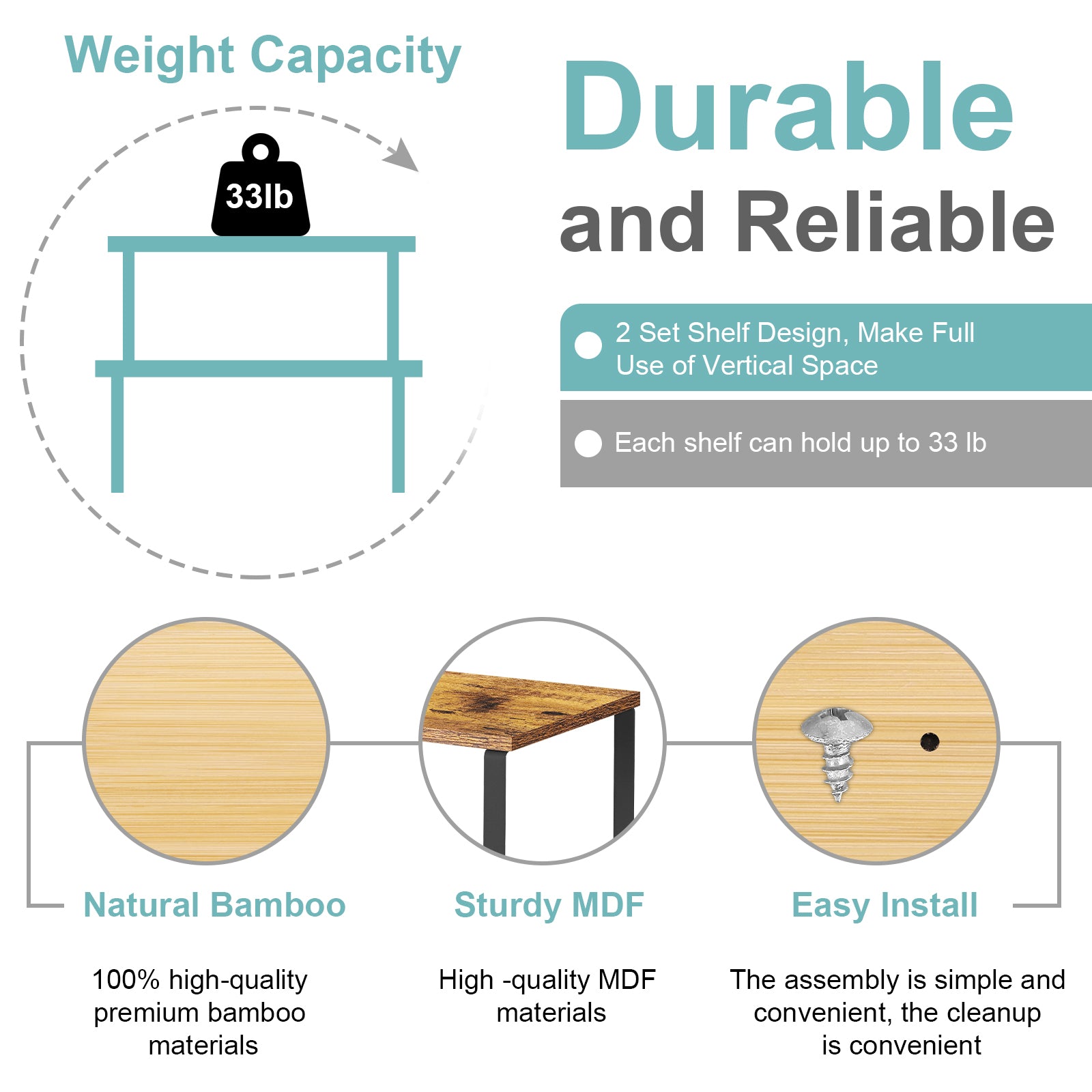 Cabinet Shelf Organizer Set of 2 - Stackable & Expandable Kitchen Counter Shelves, White/Natural