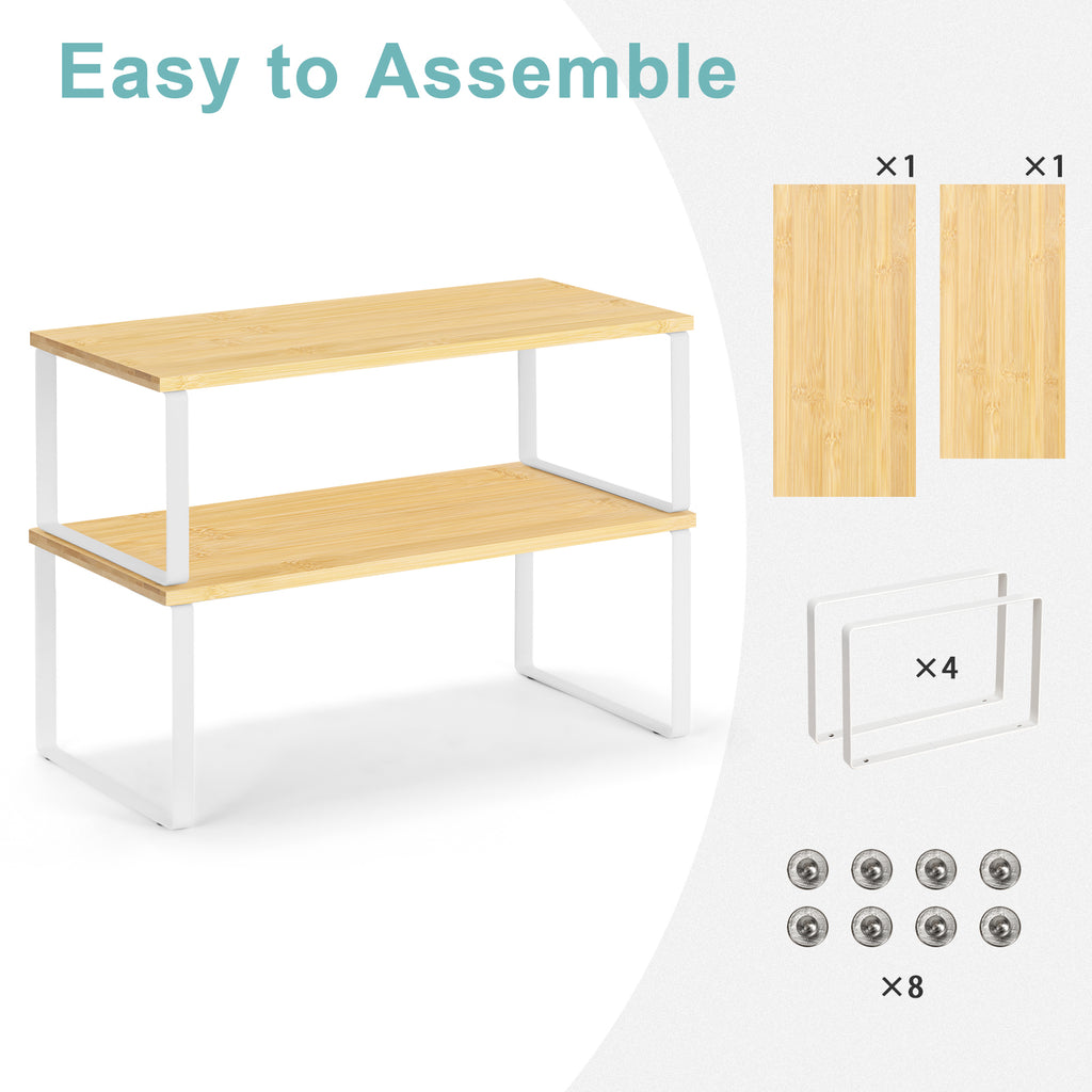 Cabinet Shelf Organizer Set of 2 - Stackable & Expandable Kitchen Counter Shelves, White/Natural