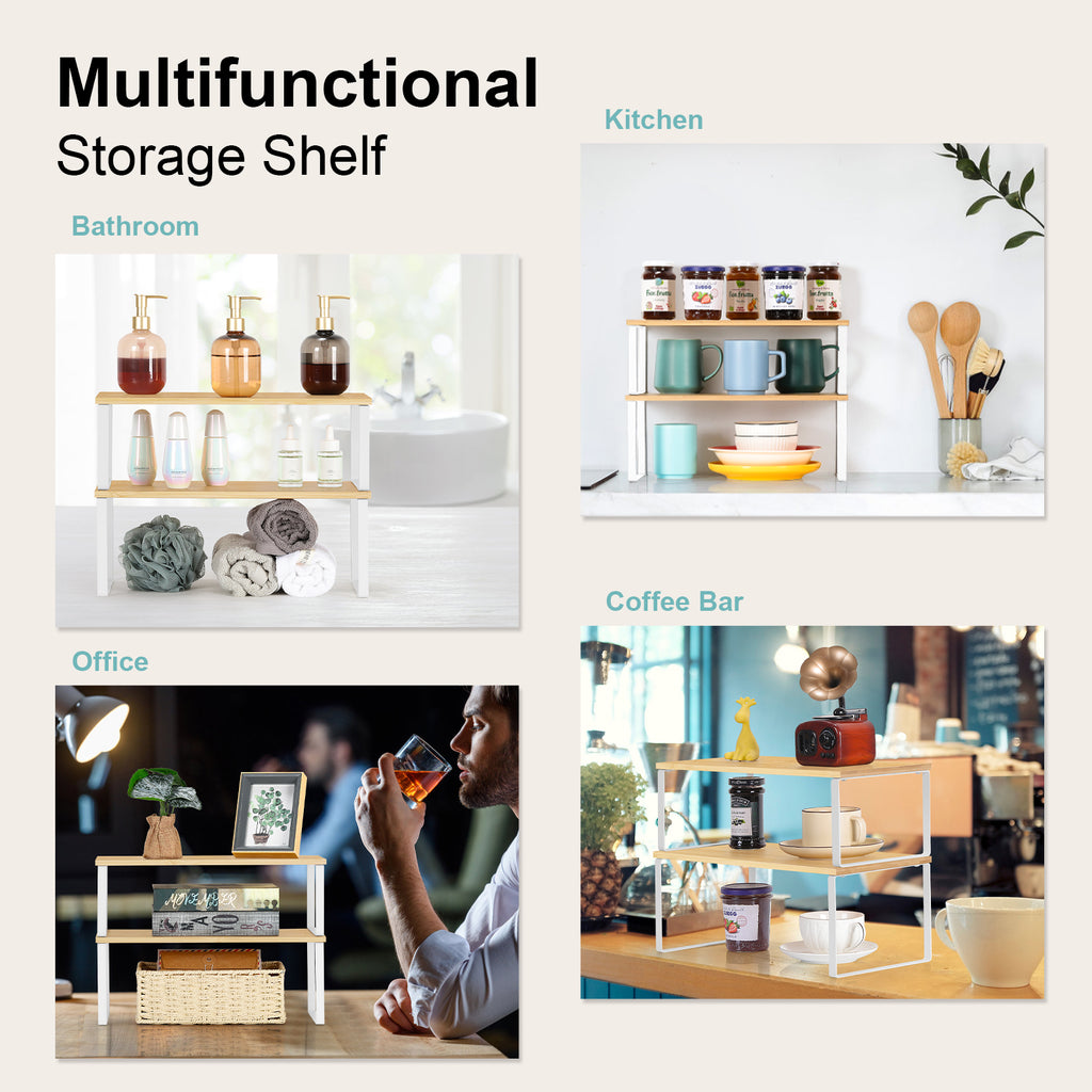 Cabinet Shelf Organizer Set of 2 - Stackable & Expandable Kitchen Counter Shelves, White/Natural