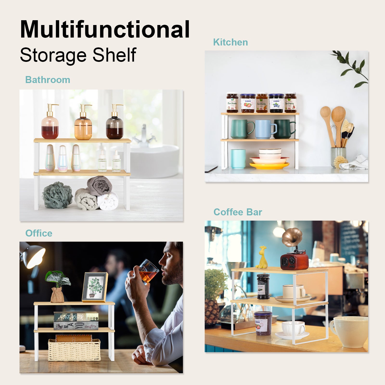 Cabinet Shelf Organizer Set of 2 - Stackable & Expandable Kitchen Counter Shelves, White/Natural