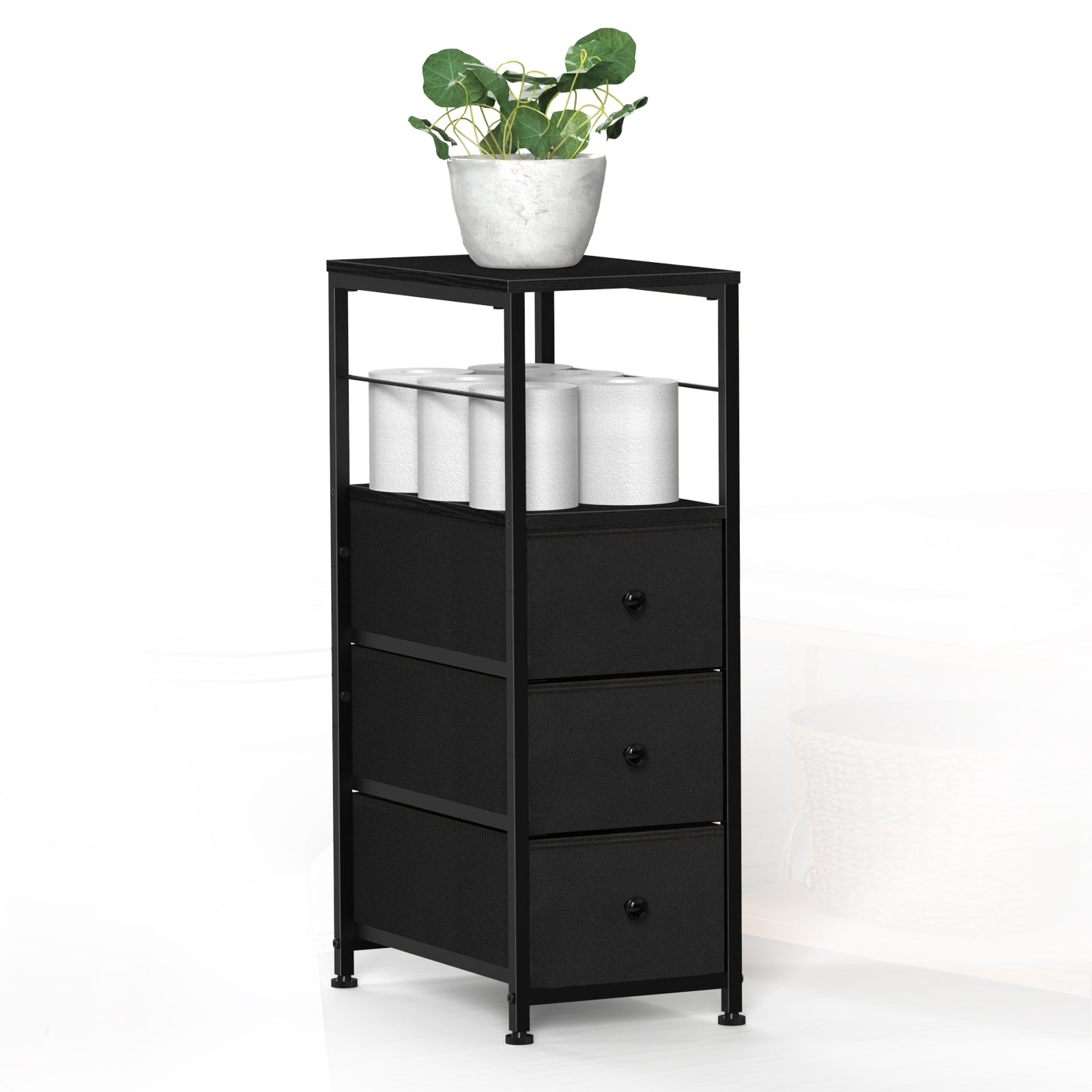 Narrow 3-Drawer Dresser - Slim Side Table with Storage for Small Spaces & Bathrooms, Black,
