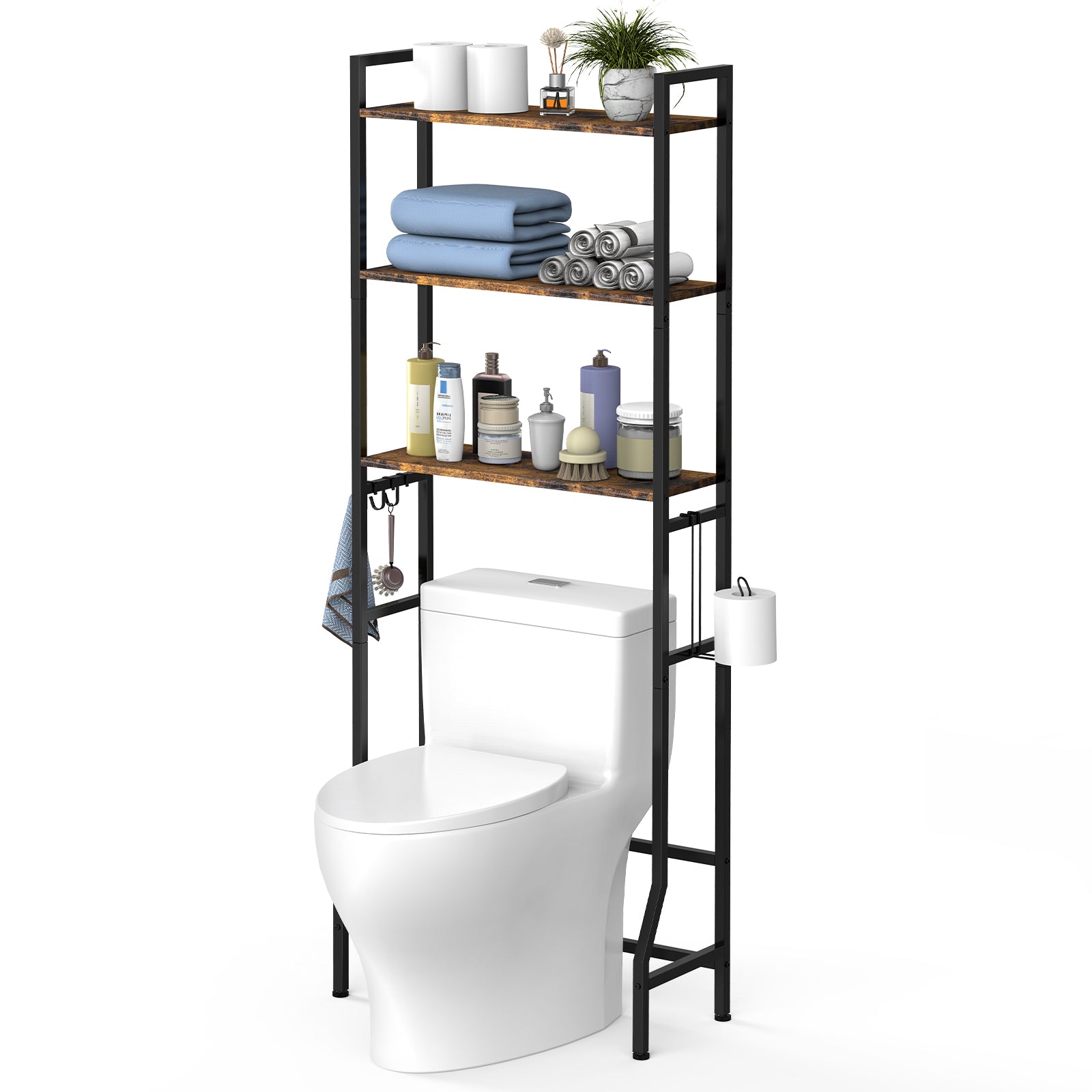 3-Tier Over the Toilet Storage Rack - Space-Saving Bathroom Organizer with Toilet Paper Holder & Hooks,