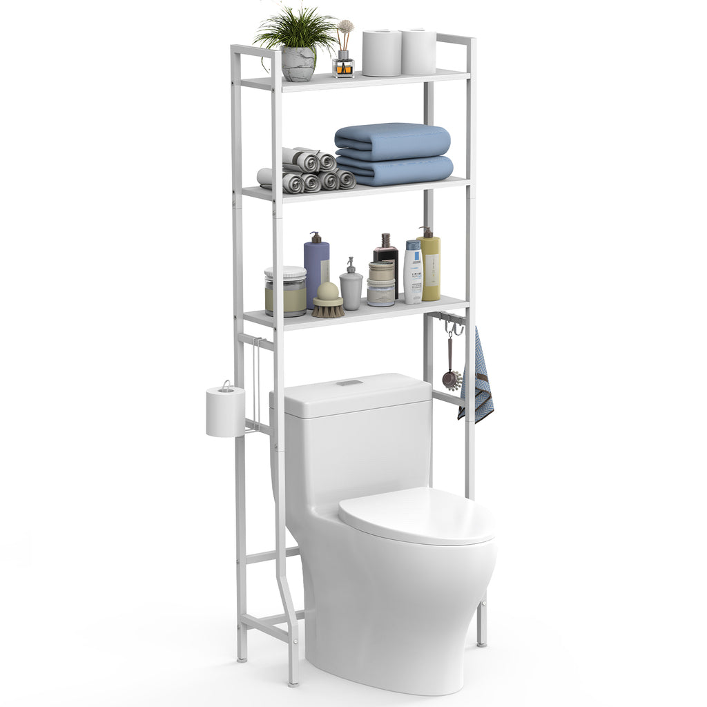 3-Tier Over the Toilet Storage Rack - Space-Saving Bathroom Organizer with Toilet Paper Holder & Hooks,
