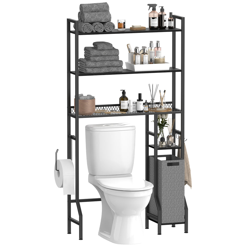 5-Tier Bathroom Over the Toilet Organizer - Tall Storage Rack with Laundry Basket & Side Shelves,