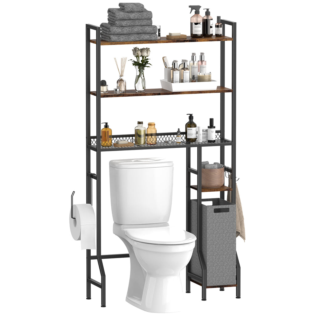 5-Tier Bathroom Over the Toilet Organizer - Tall Storage Rack with Laundry Basket & Side Shelves,