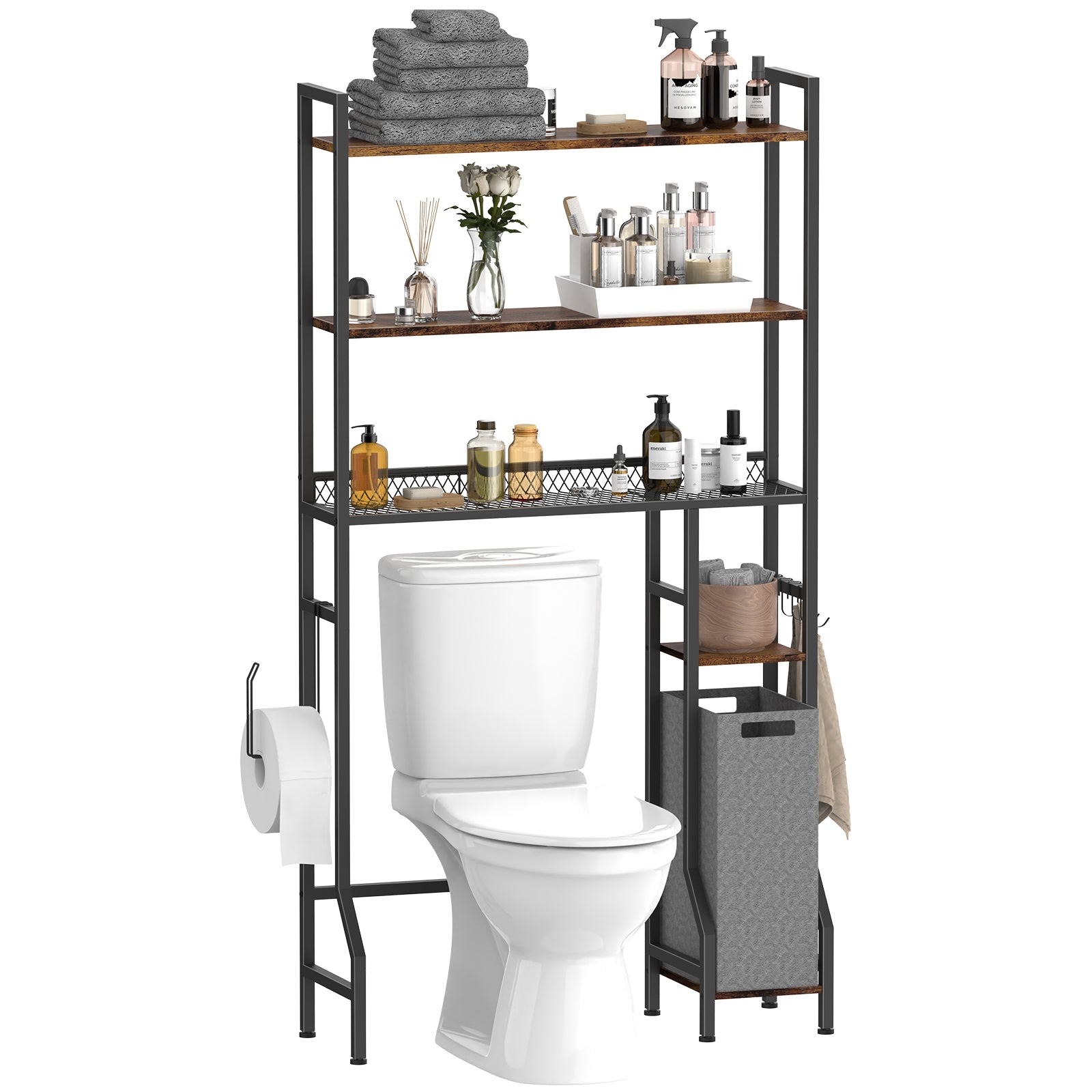 5-Tier Bathroom Over the Toilet Organizer - Tall Storage Rack with Laundry Basket & Side Shelves,