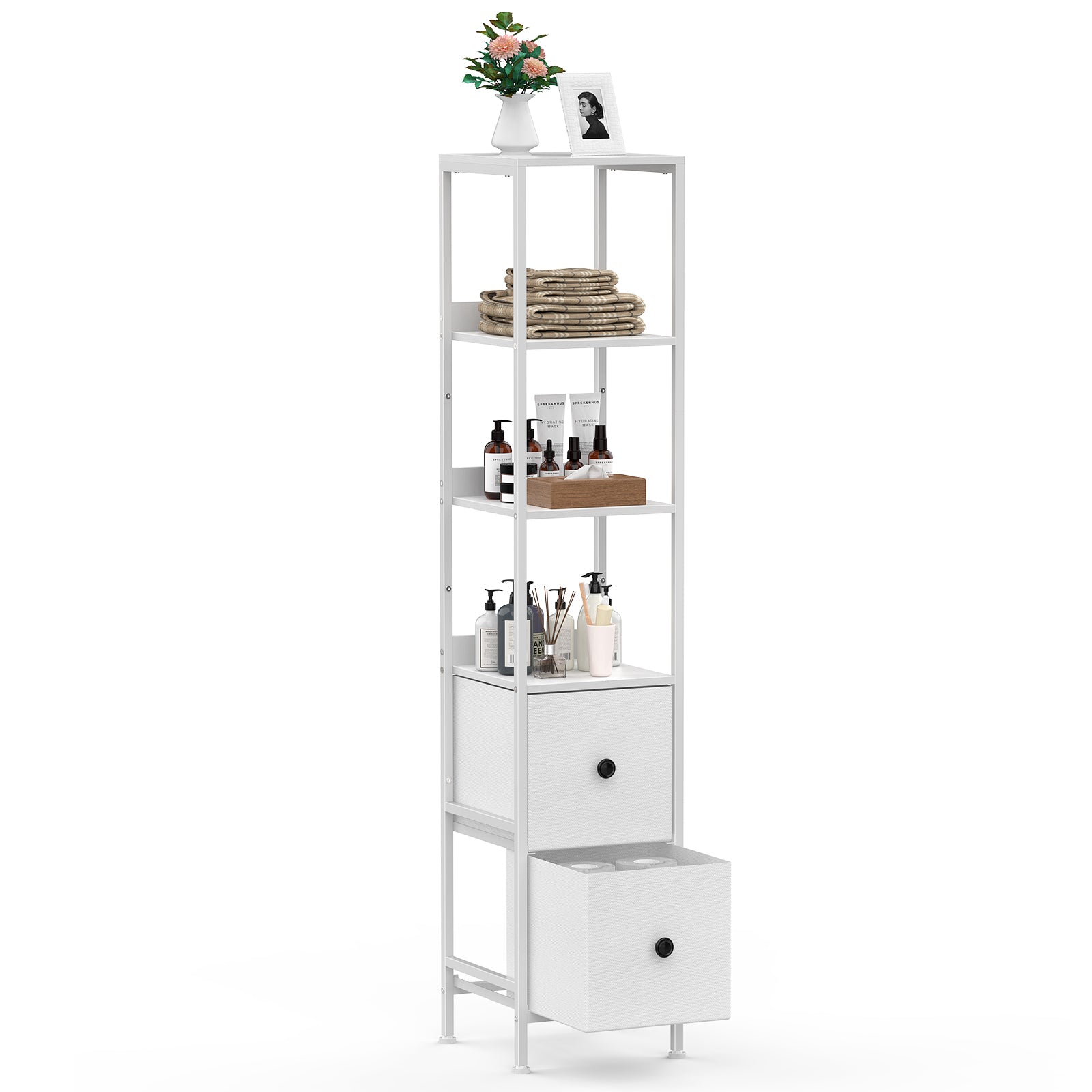 56" Tall Slim Bathroom Storage Cabinet - Narrow Floor Organizer with 2 Drawers & Open Shelves, White,