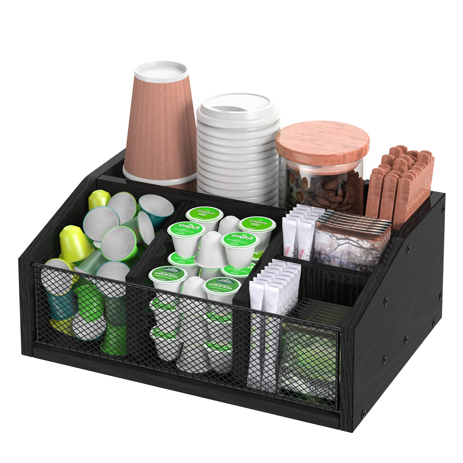 Countertop Coffee Station Organizer - 5-Compartment Coffee Bar Accessory Box for Pods & Condiments,