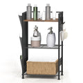 3-Tier Bathroom Floor Storage Shelf - Freestanding Organizer with Side Pocket & Towel Hooks, Brown,