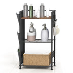 3-Tier Bathroom Floor Storage Shelf - Freestanding Organizer with Side Pocket & Towel Hooks, Brown,
