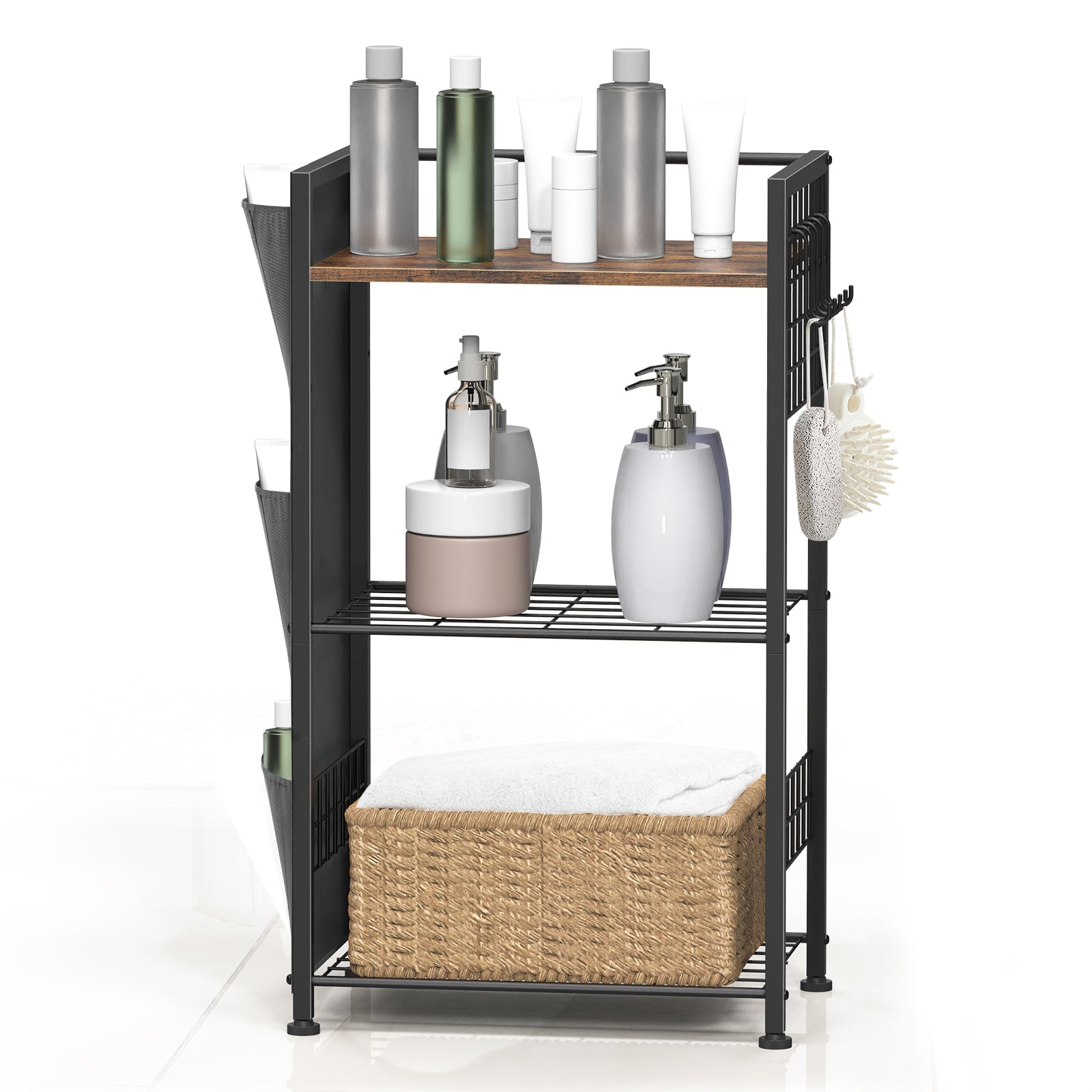 3-Tier Bathroom Floor Storage Shelf - Freestanding Organizer with Side Pocket & Towel Hooks, Brown,