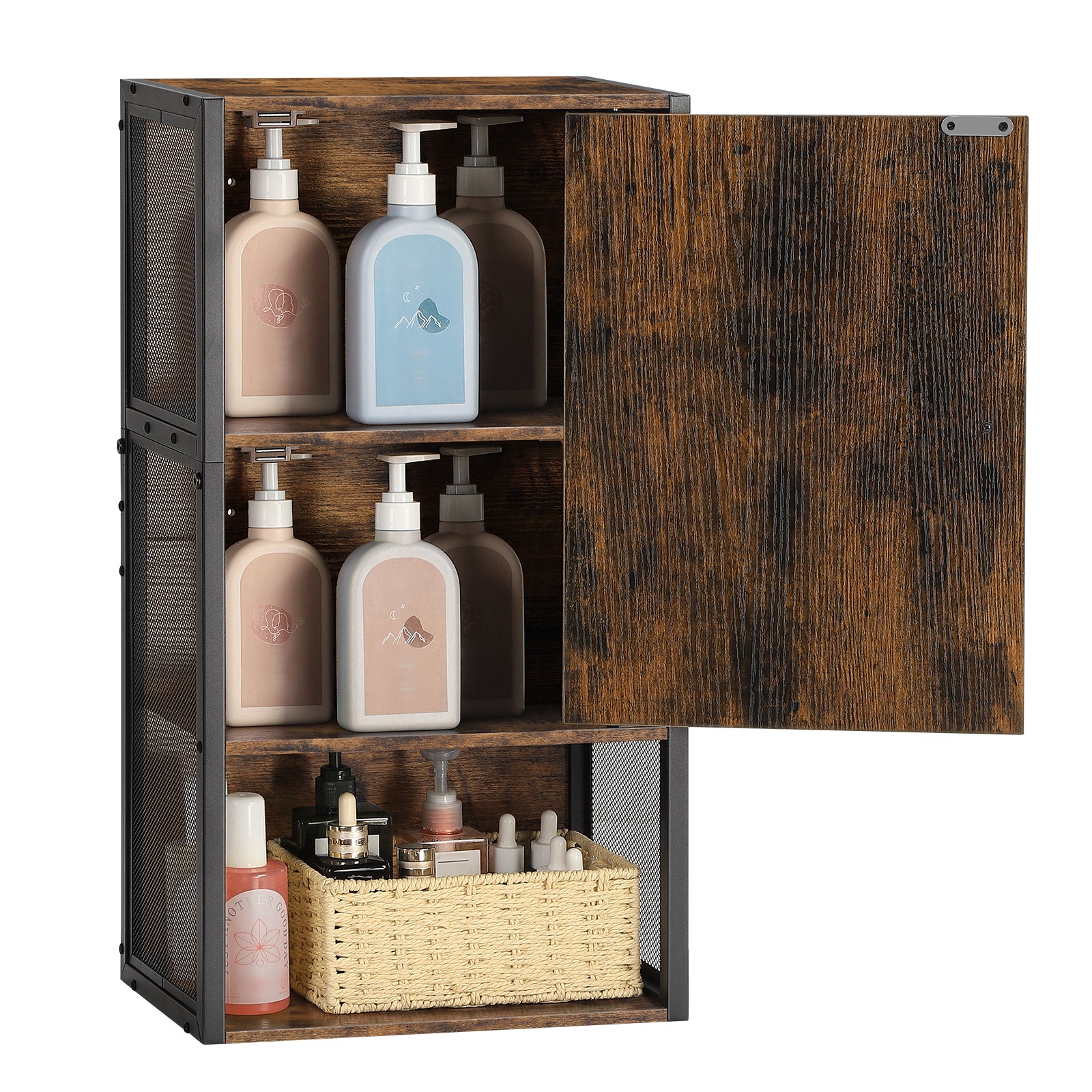 Rustic Farmhouse Wall-Mounted Bathroom Cabinet with Mesh Sides