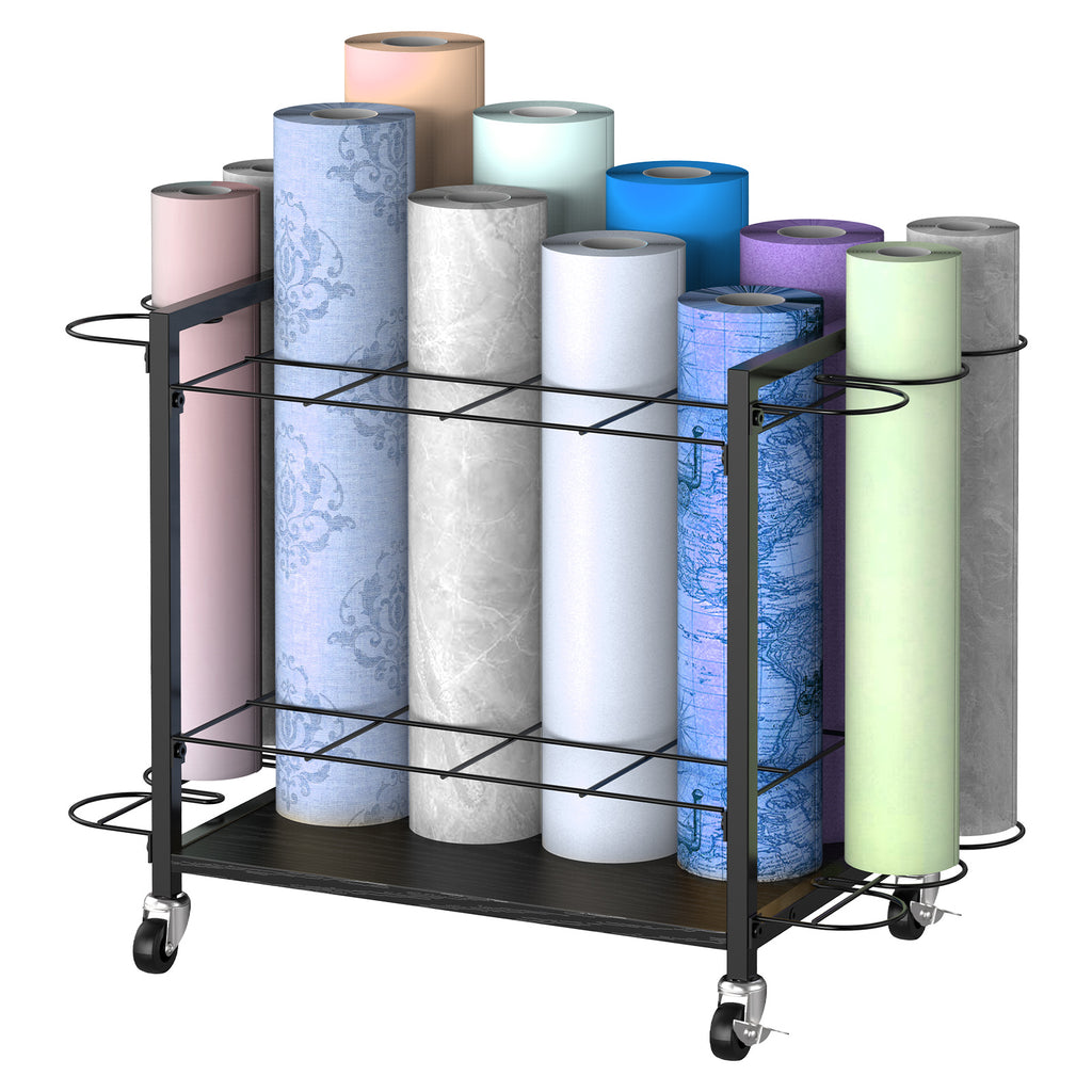 18-Slot Blueprint Storage Rack Cart - Mobile & Lockable Wrapping Paper Holder, Architectural Plans Organizer,