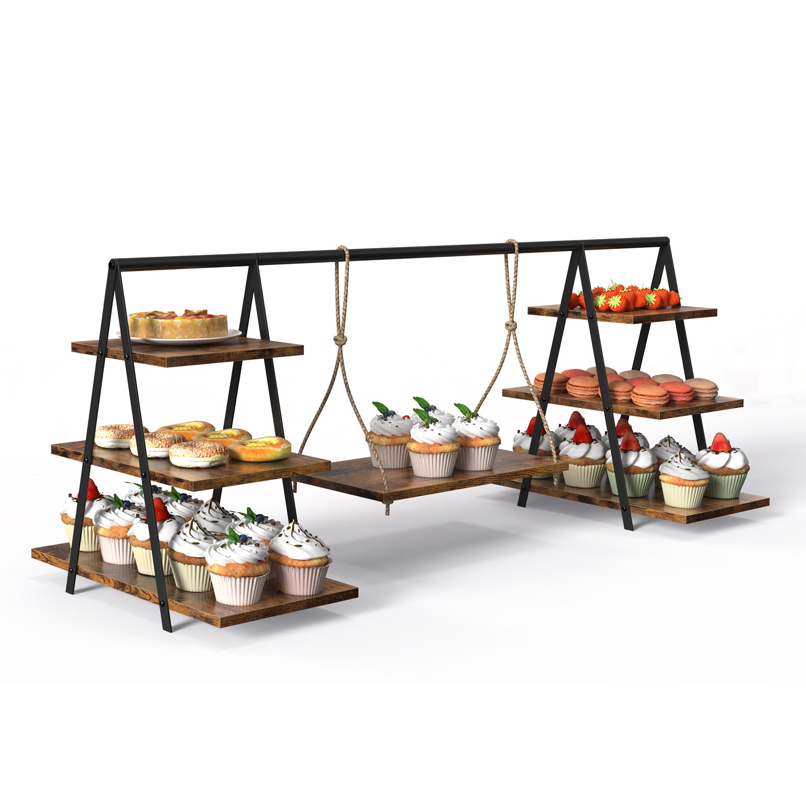 Rustic Wooden 3-Tier Cupcake Stand with Hanging Swing Shelf