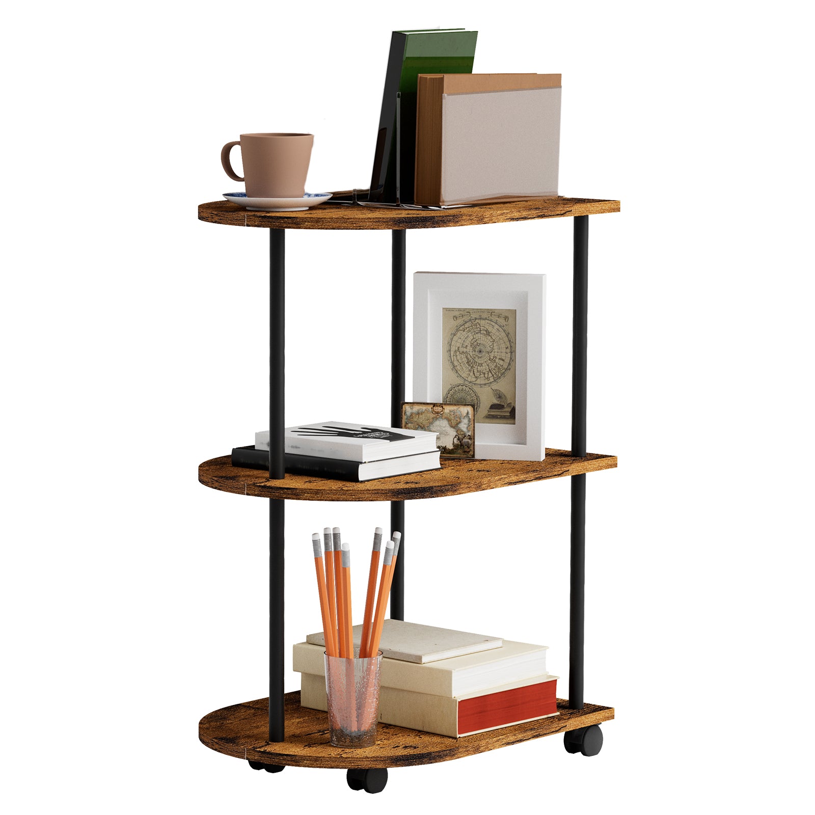 3-Tier Half Moon End Table with Rolling Casters & Storage