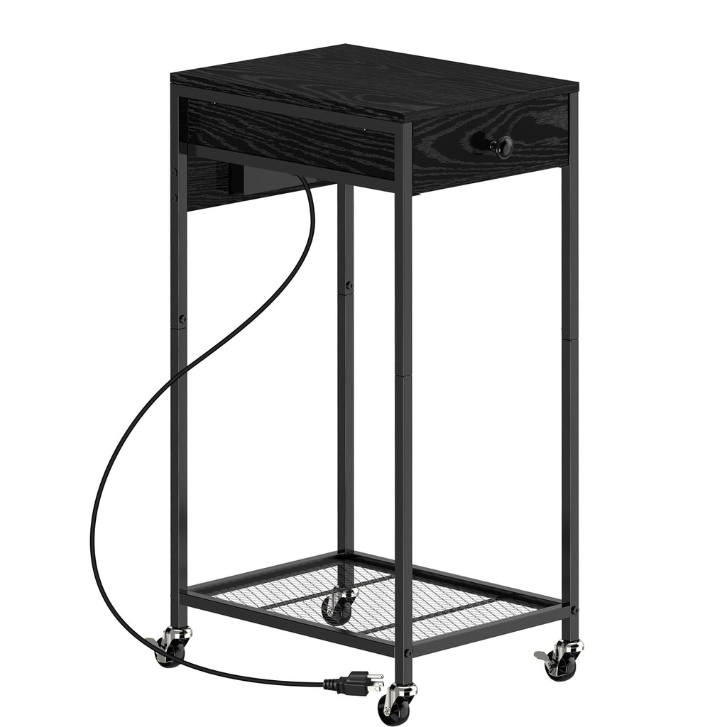 Computer Tower Stand w/ Charging Station - 2 Tier PC Holder Cart, Printer Stand & Storage Drawer, White