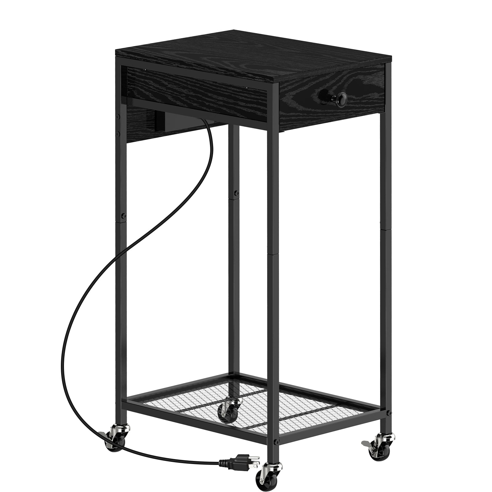 Computer Tower Stand w/ Charging Station - 2 Tier PC Holder Cart, Printer Stand & Storage Drawer, White