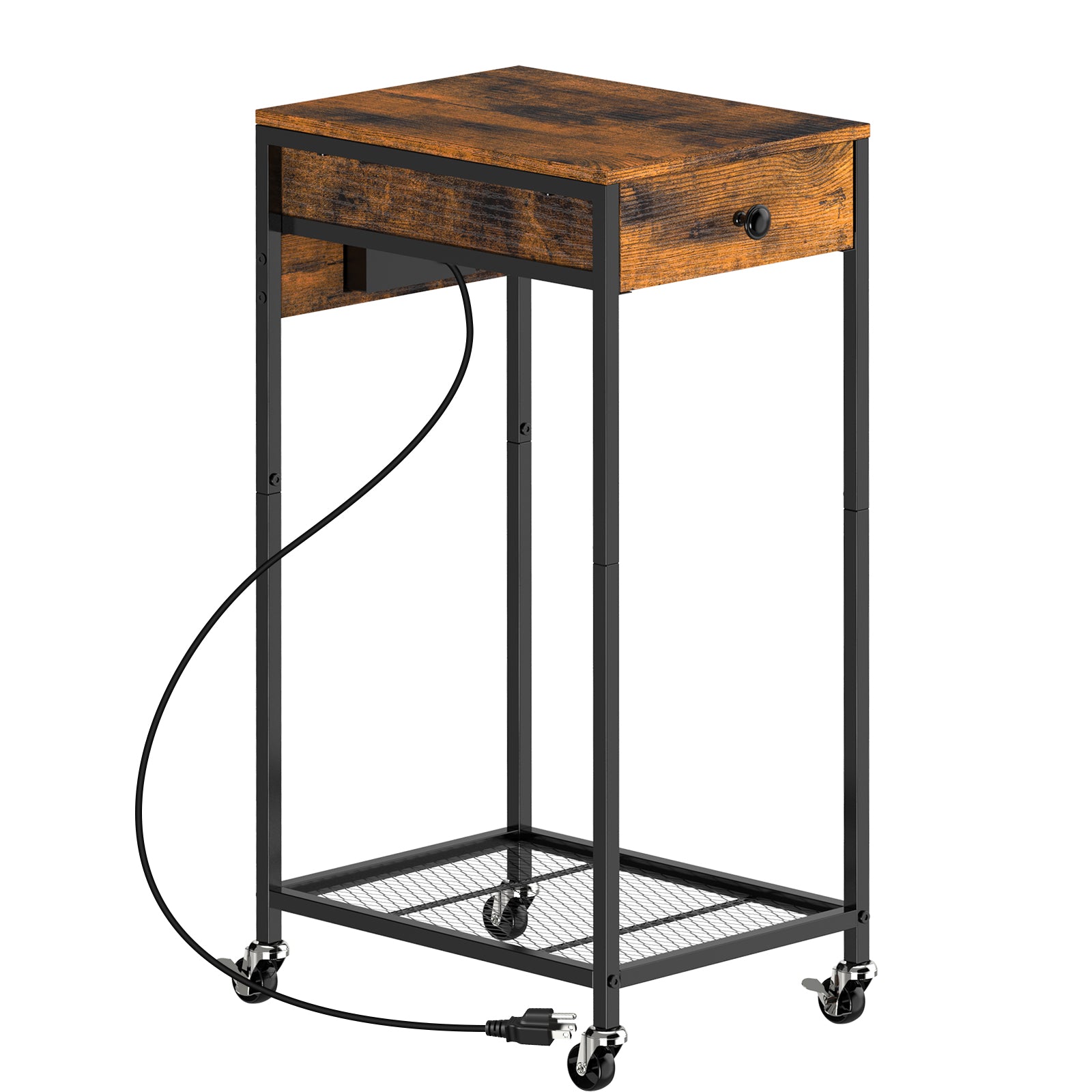 Computer Tower Stand w/ Charging Station - 2 Tier PC Holder Cart, Printer Stand & Storage Drawer, White