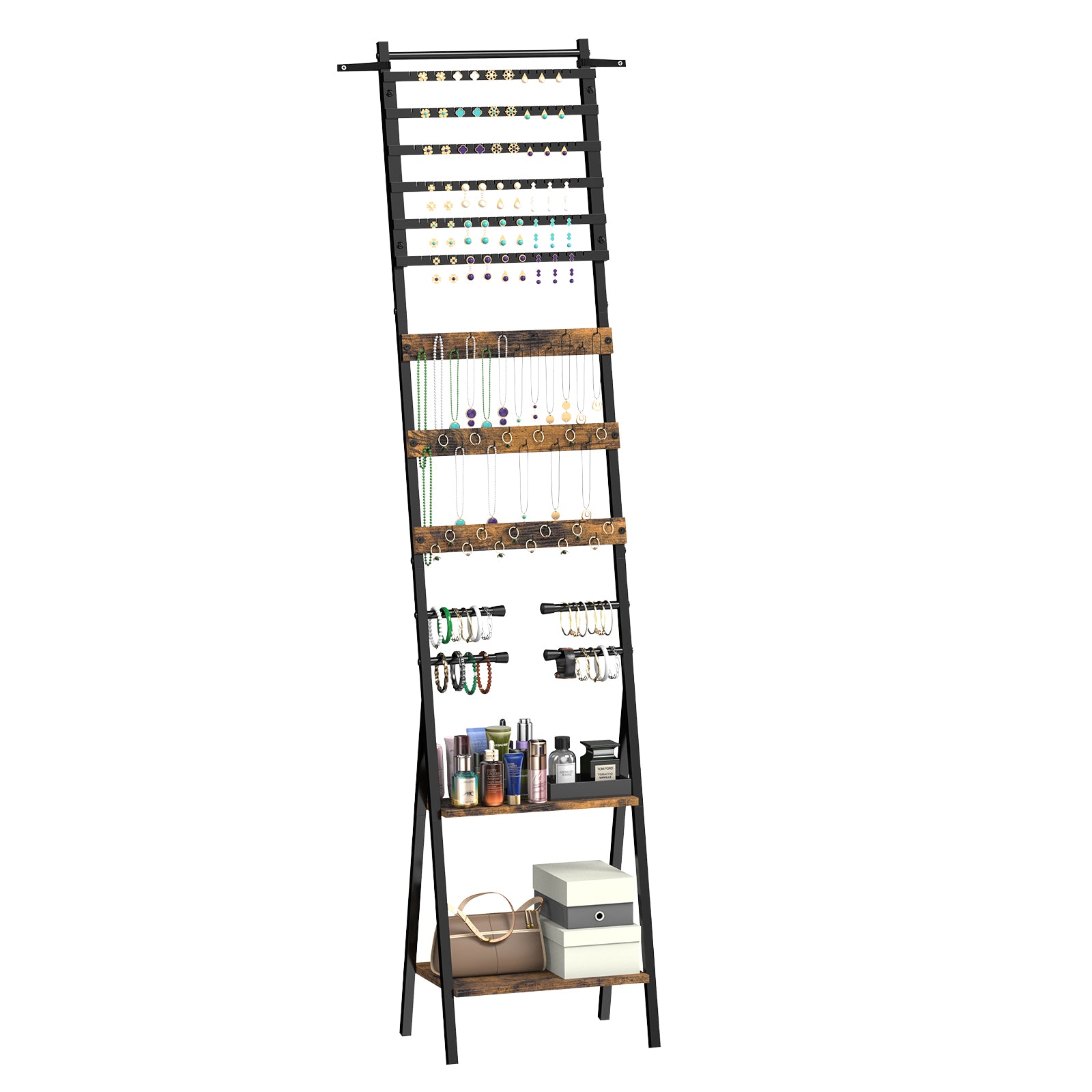 Floor-Standing Jewelry Organizer Mirror with Storage Shelves