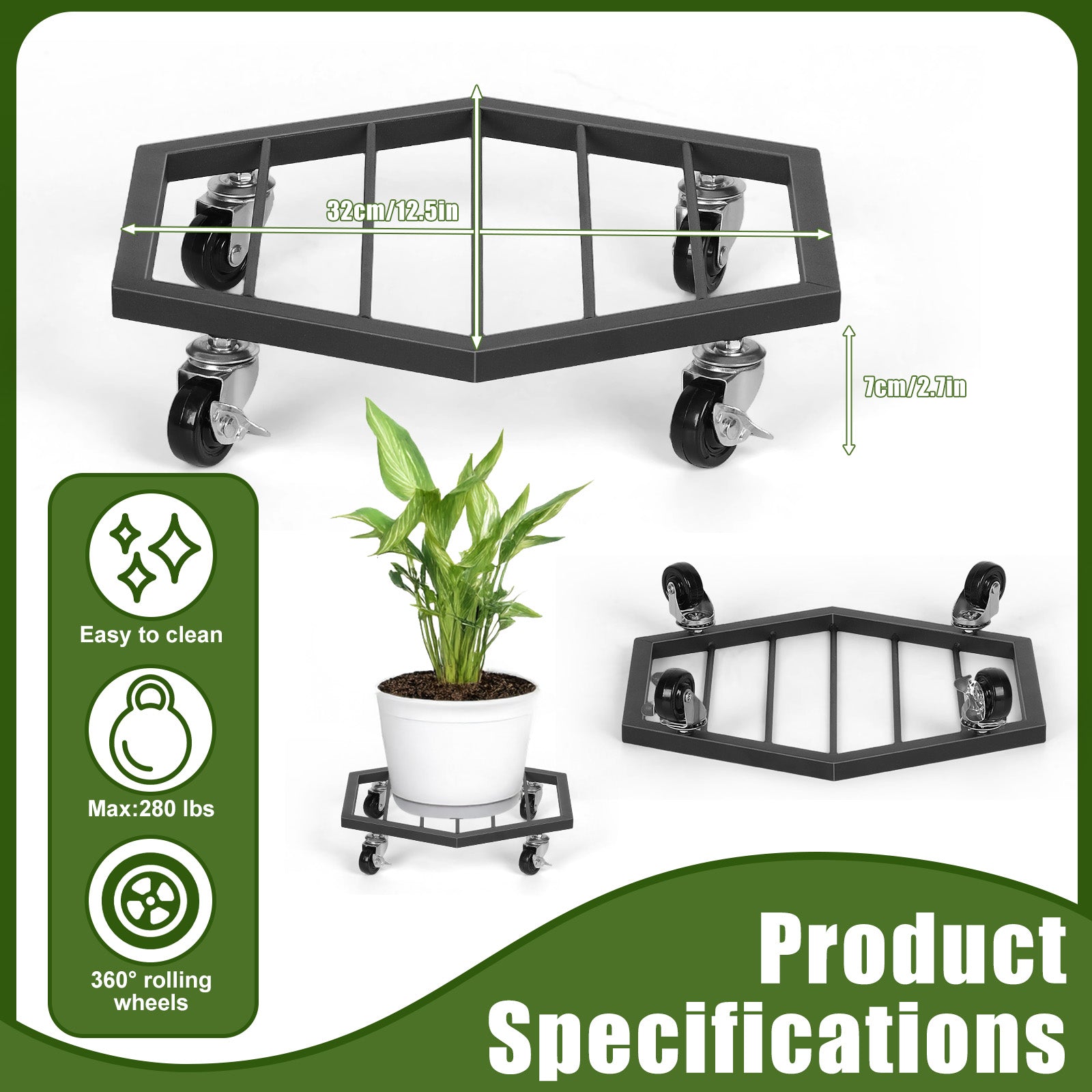2-Pack Heavy Duty Metal Plant Caddy with 360° Wheels