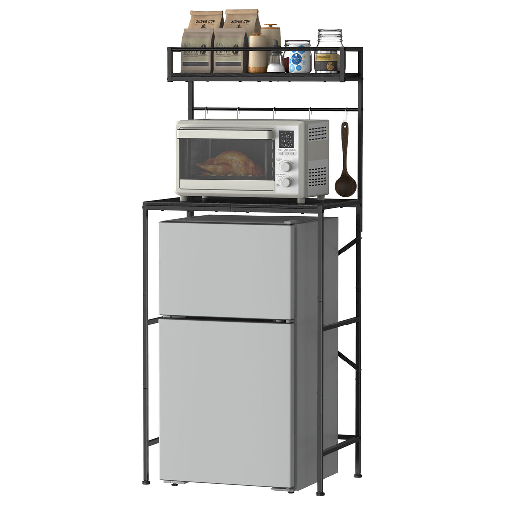 2-Tier Mini Fridge Stand & Microwave Baker's Rack - Multi-Functional Kitchen Storage Organizer with 5 Side Hooks