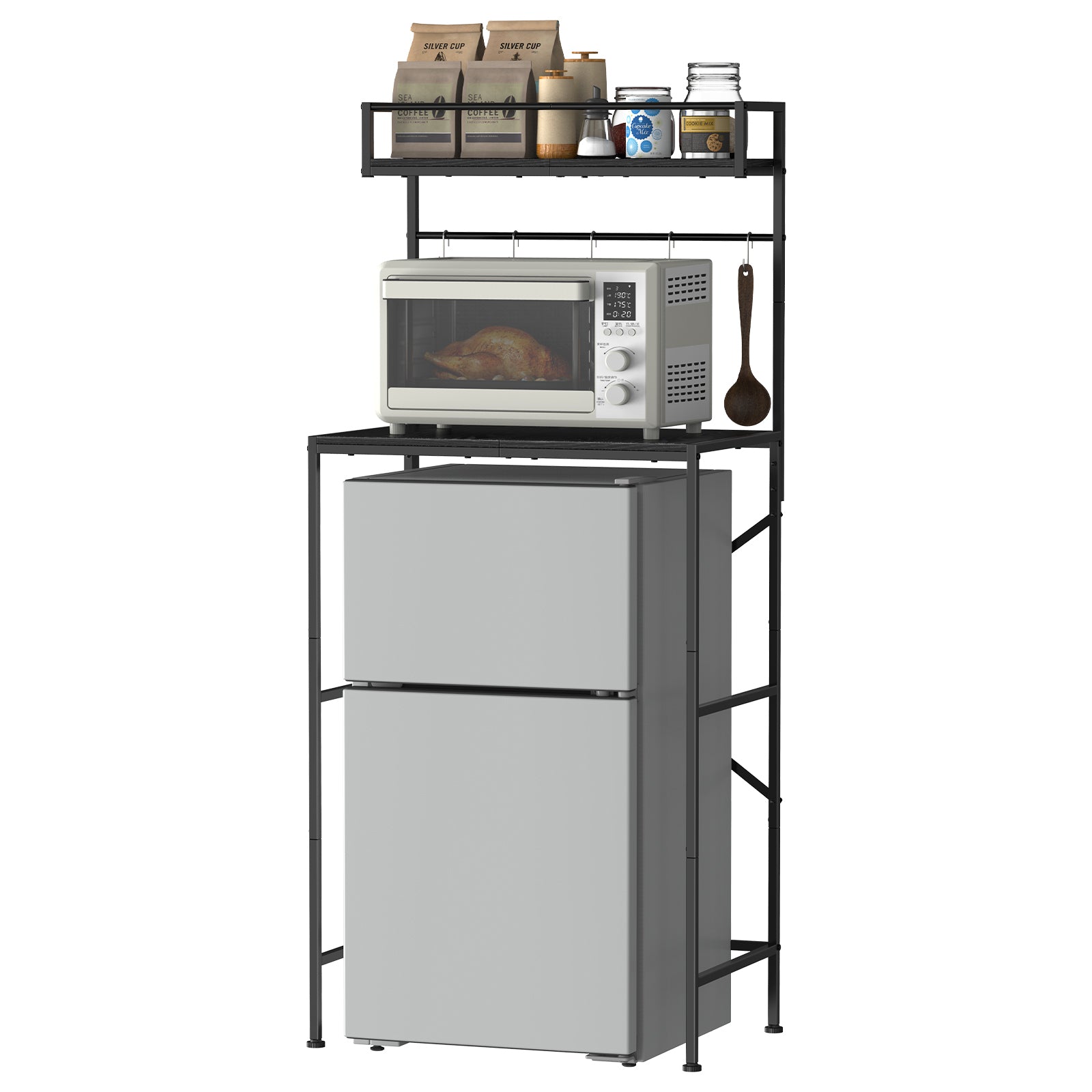 2-Tier Mini Fridge Stand & Microwave Baker's Rack - Multi-Functional Kitchen Storage Organizer with 5 Side Hooks
