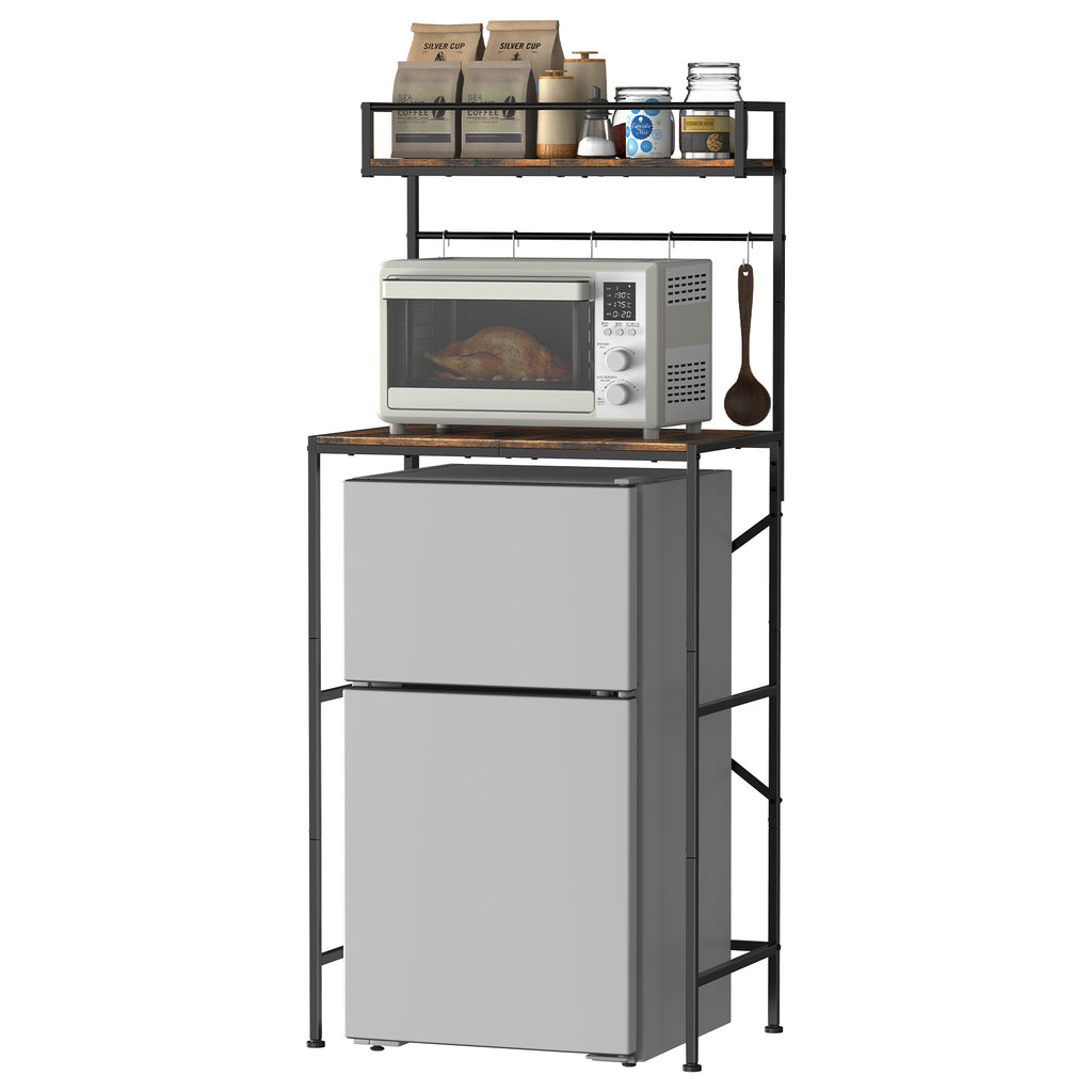 2-Tier Mini Fridge Stand & Microwave Baker's Rack - Multi-Functional Kitchen Storage Organizer with 5 Side Hooks