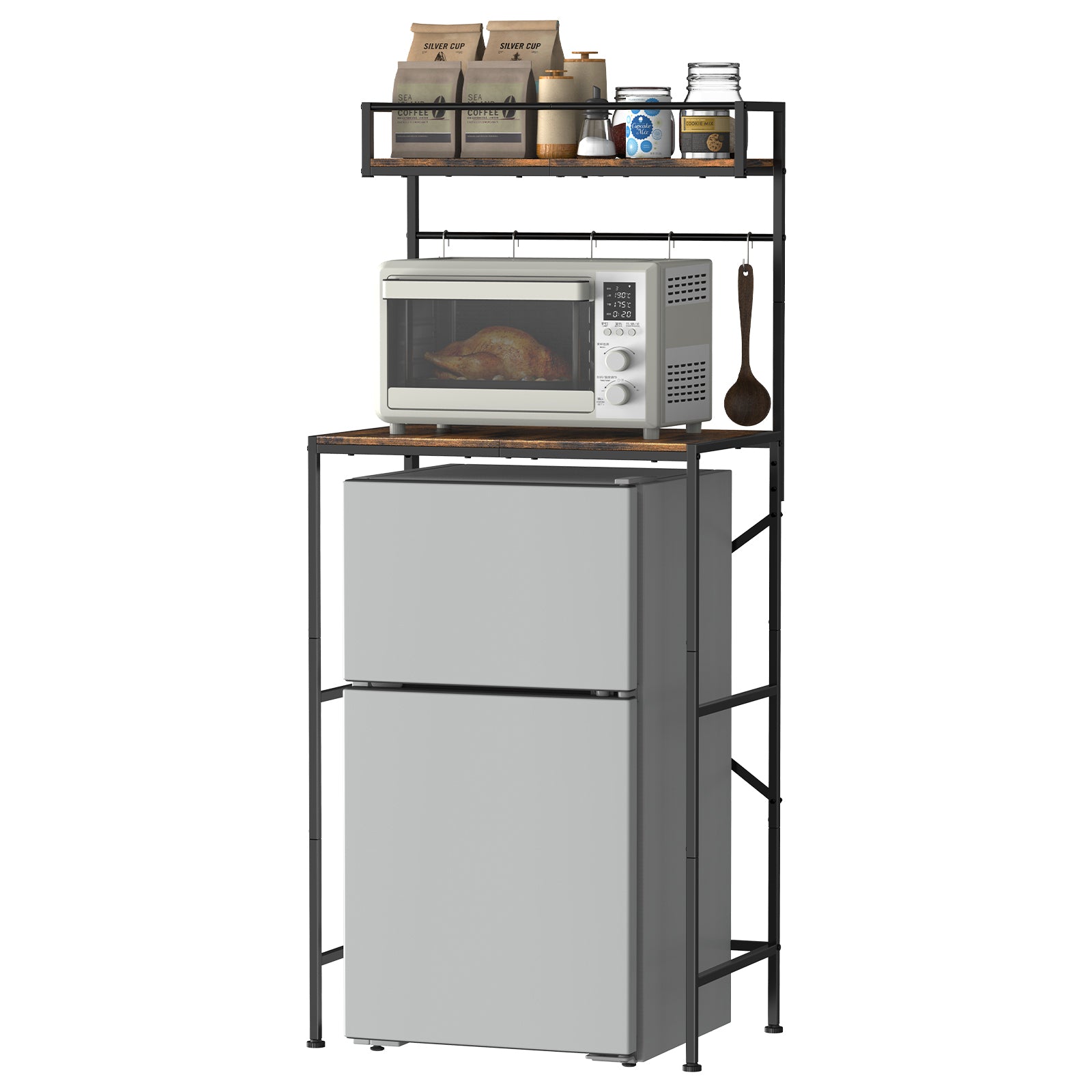 2-Tier Mini Fridge Stand & Microwave Baker's Rack - Multi-Functional Kitchen Storage Organizer with 5 Side Hooks