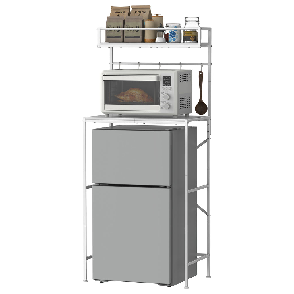 2-Tier Mini Fridge Stand & Microwave Baker's Rack - Multi-Functional Kitchen Storage Organizer with 5 Side Hooks