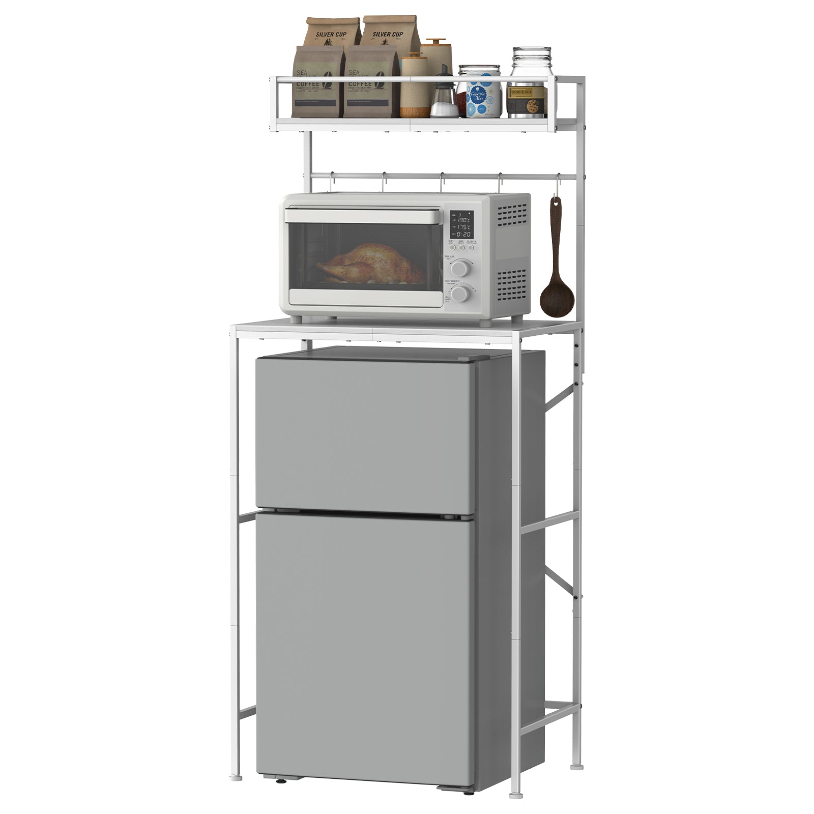2-Tier Mini Fridge Stand & Microwave Baker's Rack - Multi-Functional Kitchen Storage Organizer with 5 Side Hooks
