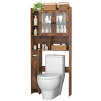 Rustic Brown Over-the-Toilet Storage Cabinet - Space-Saving Bathroom Organizer with Glass Doors & Side Compartment