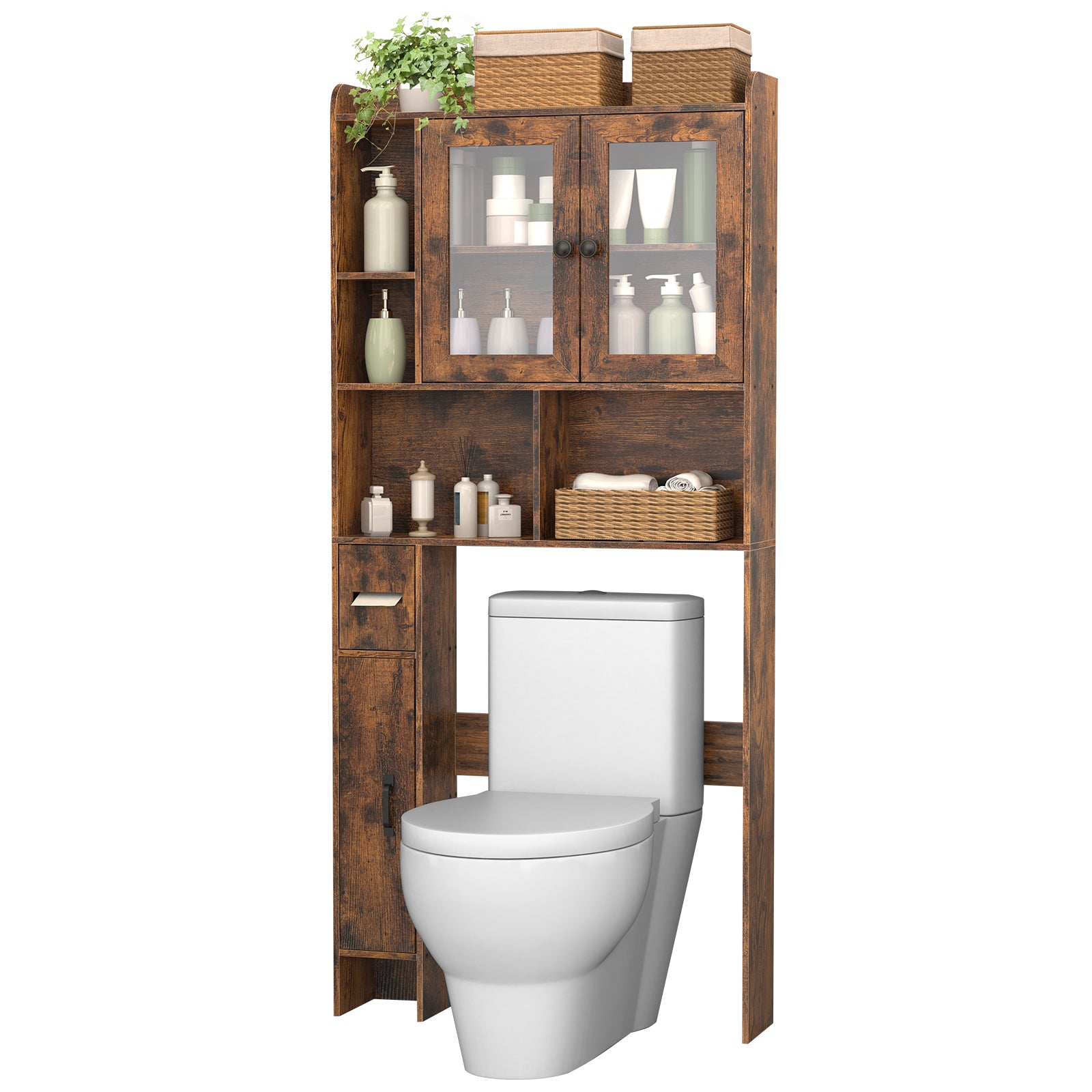 Rustic Brown Over-the-Toilet Storage Cabinet - Space-Saving Bathroom Organizer with Glass Doors & Side Compartment